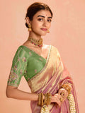 Lovely Rose Gold Zari Weaving Silk Reception Wear Saree With Blouse