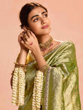 Delightful Green Zari Weaving Silk Mehendi Wear Saree With Blouse