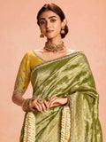 Delightful Green Zari Weaving Silk Mehendi Wear Saree With Blouse