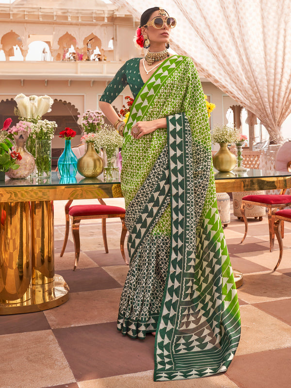 Stunning Green Digital Printed Silk Event Wear Saree With Blouse