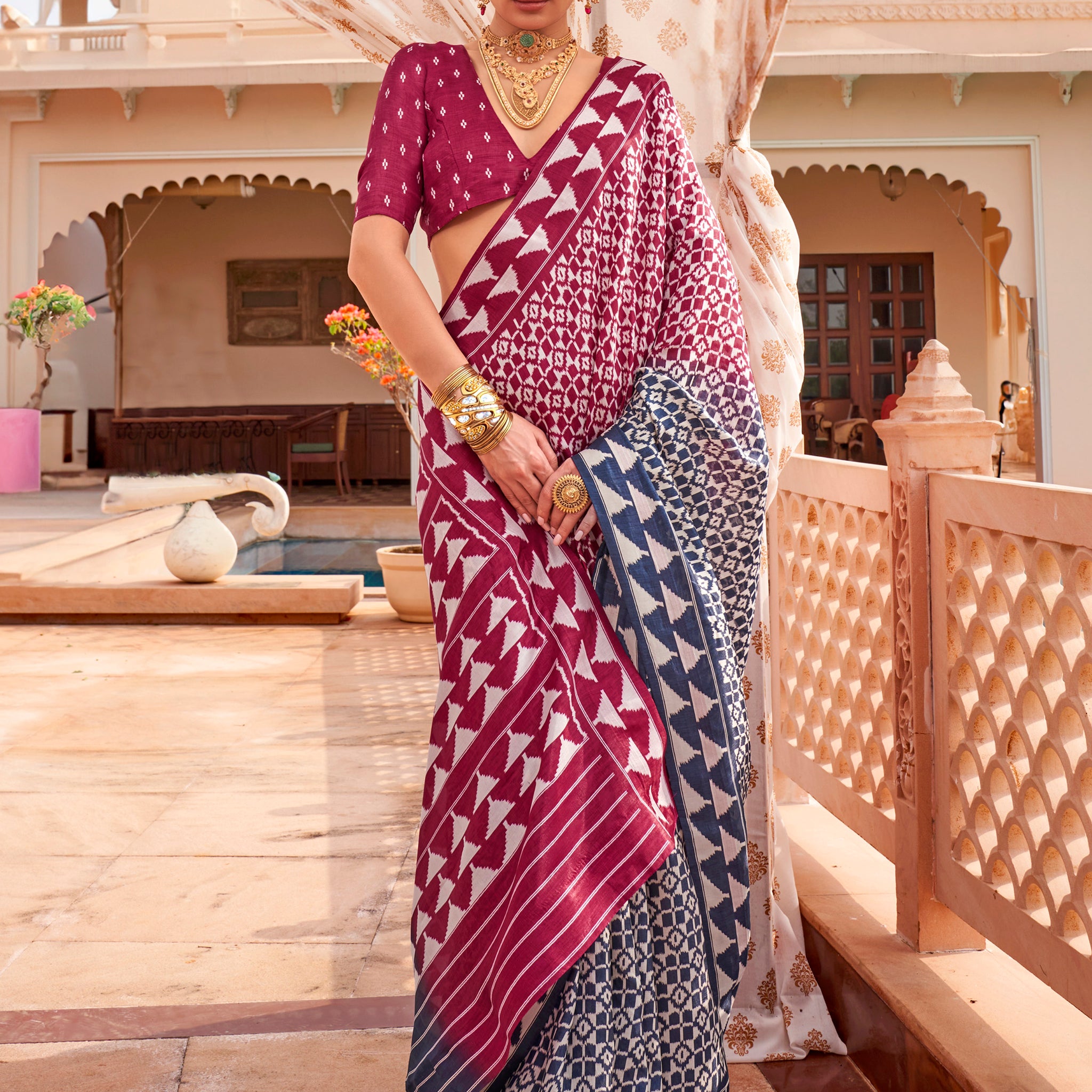 Attractive Wine Digital Printed Silk Traditional Saree With Blouse