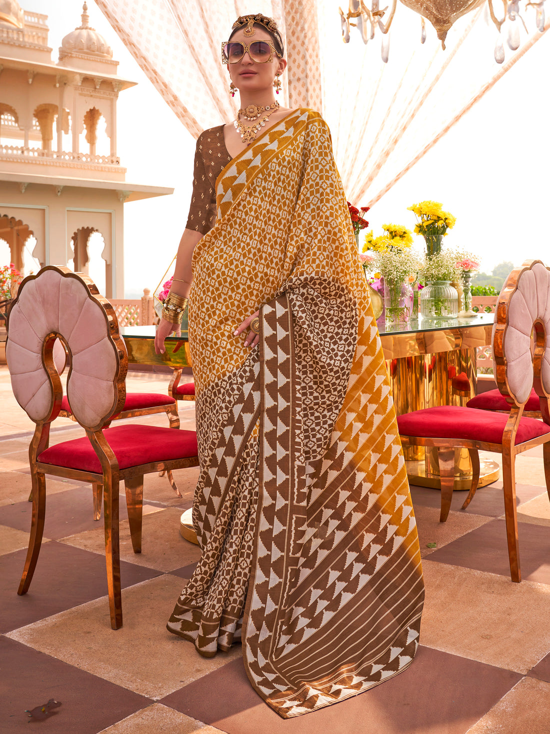 Glamorous Mustard Yellow Digital Printed Silk Haldi Wear Saree