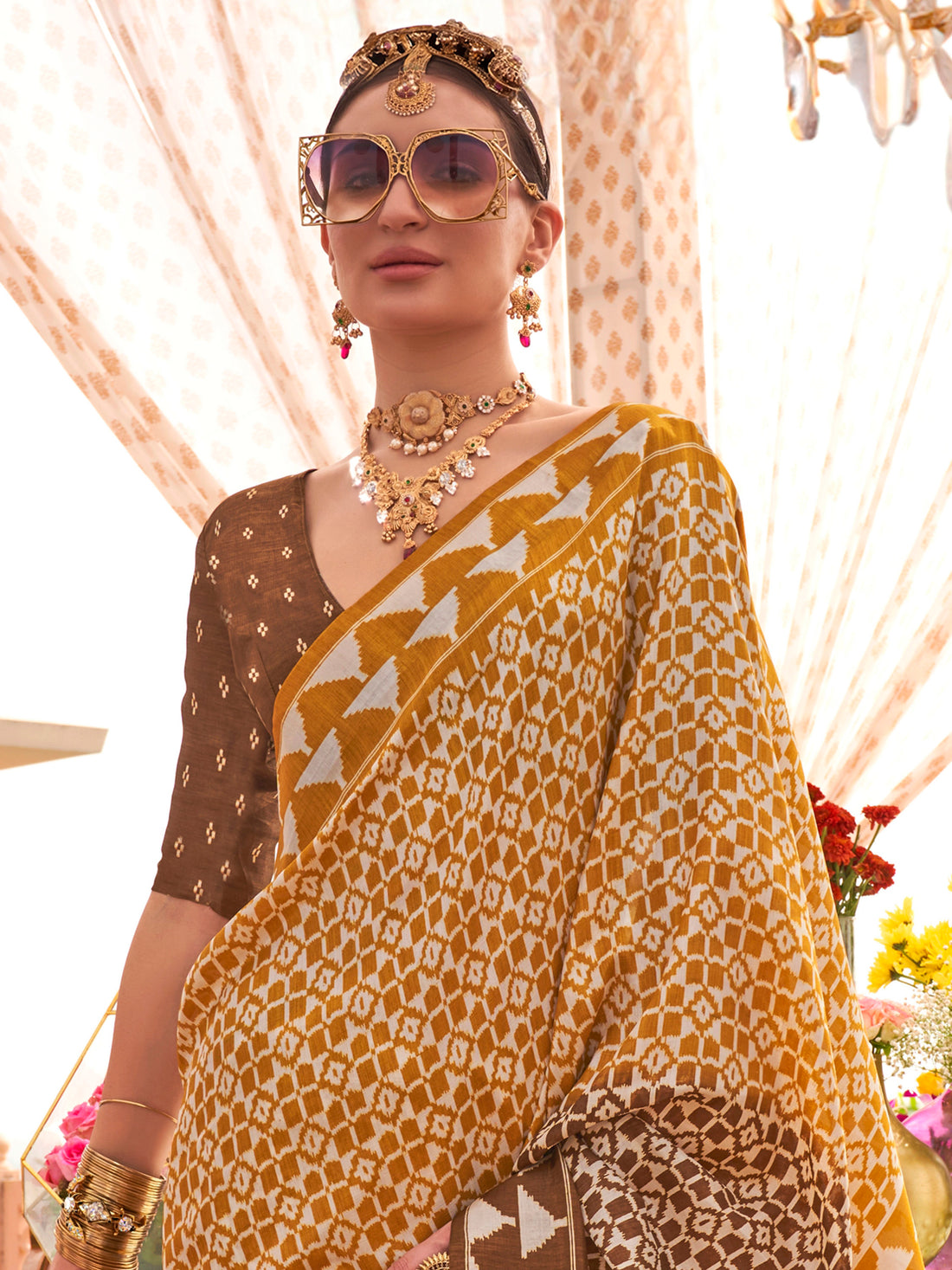 Glamorous Mustard Yellow Digital Printed Silk Haldi Wear Saree