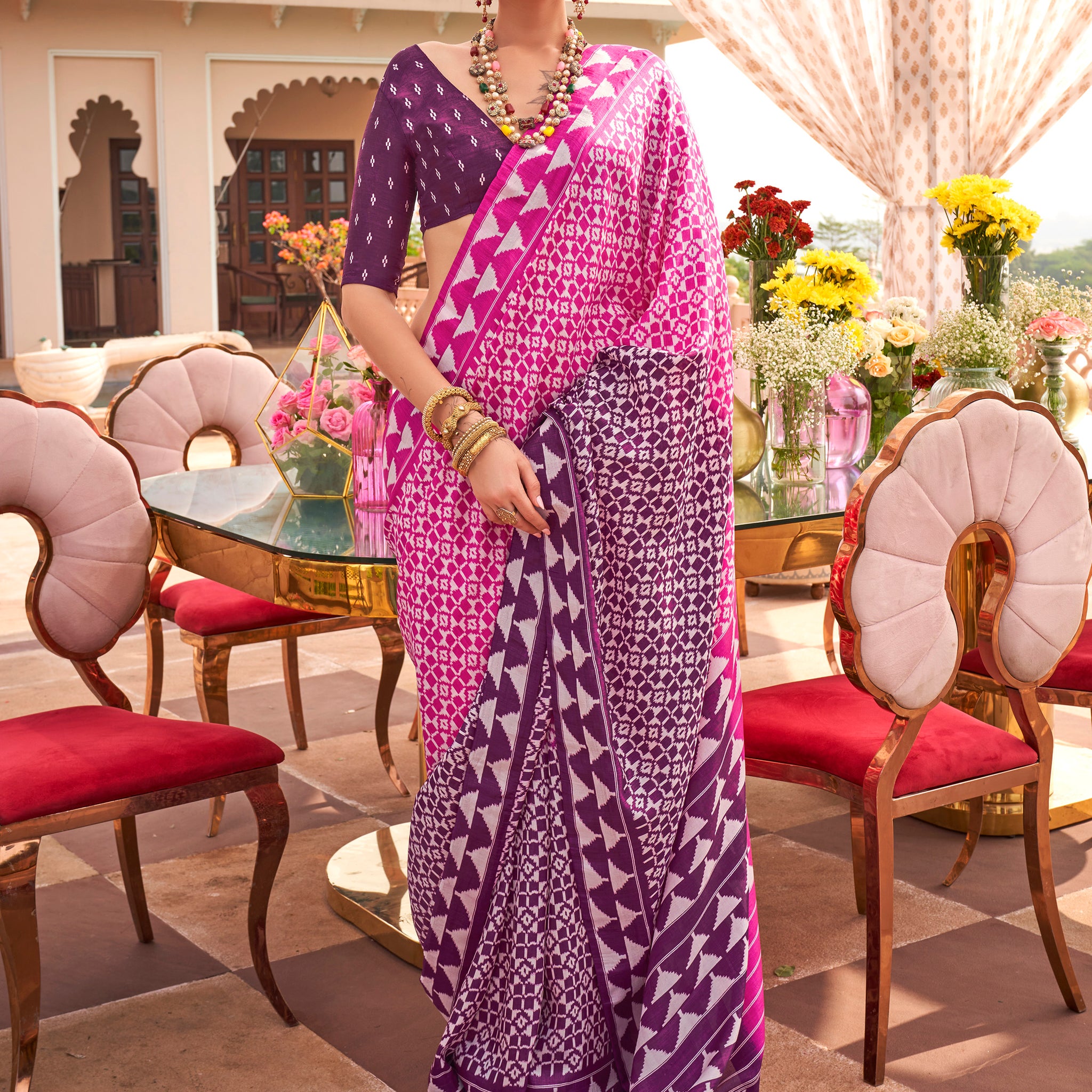 Incredible Pink Digital Printed Silk Festival Wear Saree With Blouse