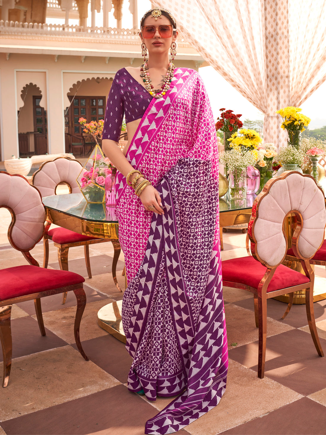 Incredible Pink Digital Printed Silk Festival Wear Saree With Blouse