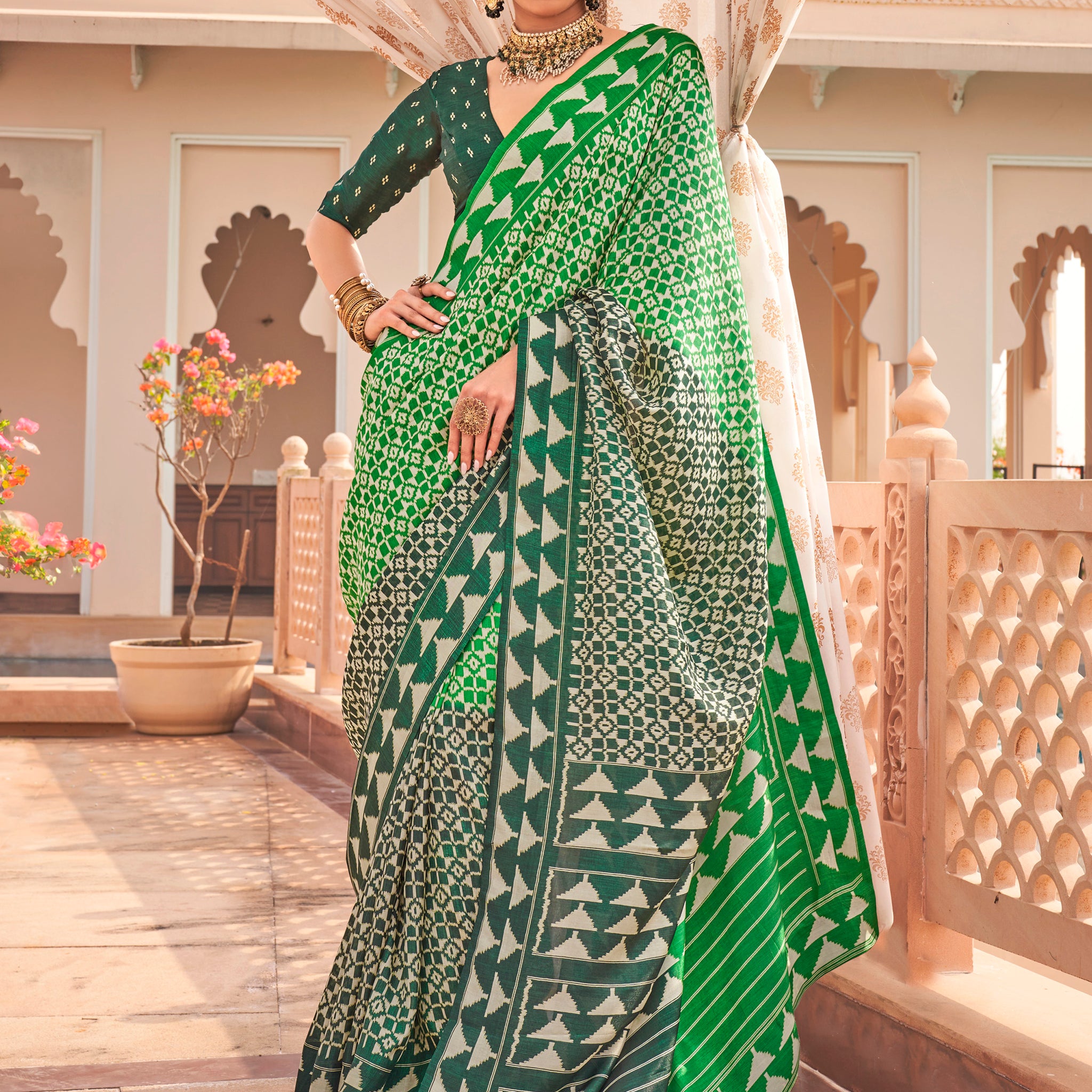 Adorable Green Digital Printed Silk Casual Wear Saree With Blouse