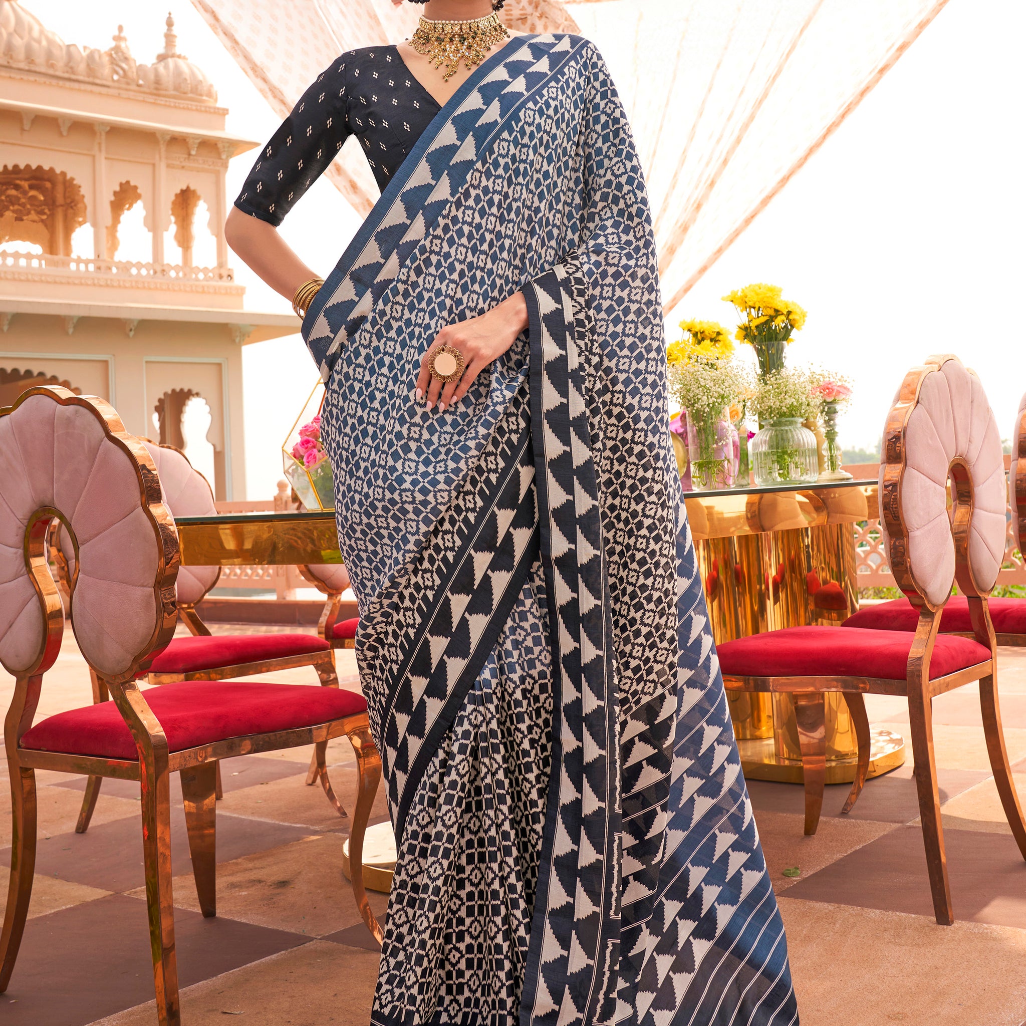 Beautiful Navy Blue Digital Printed Silk Festival Wear Saree With Blouse
