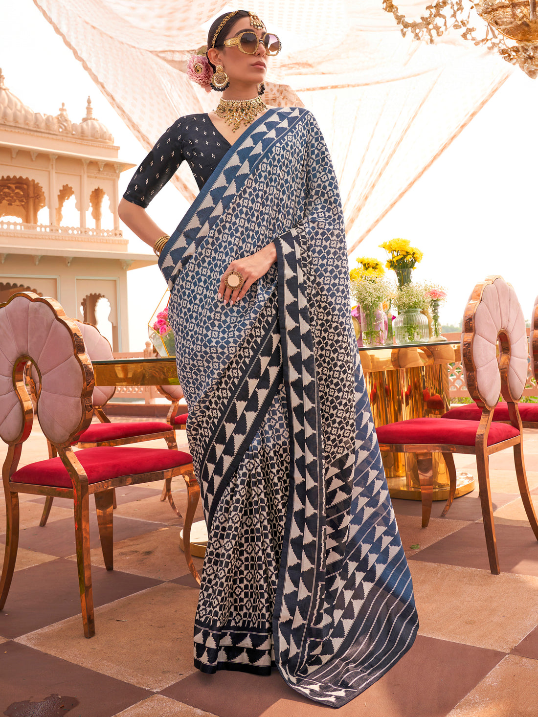 Beautiful Navy Blue Digital Printed Silk Festival Wear Saree With Blouse