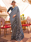Beautiful Navy Blue Digital Printed Silk Festival Wear Saree With Blouse