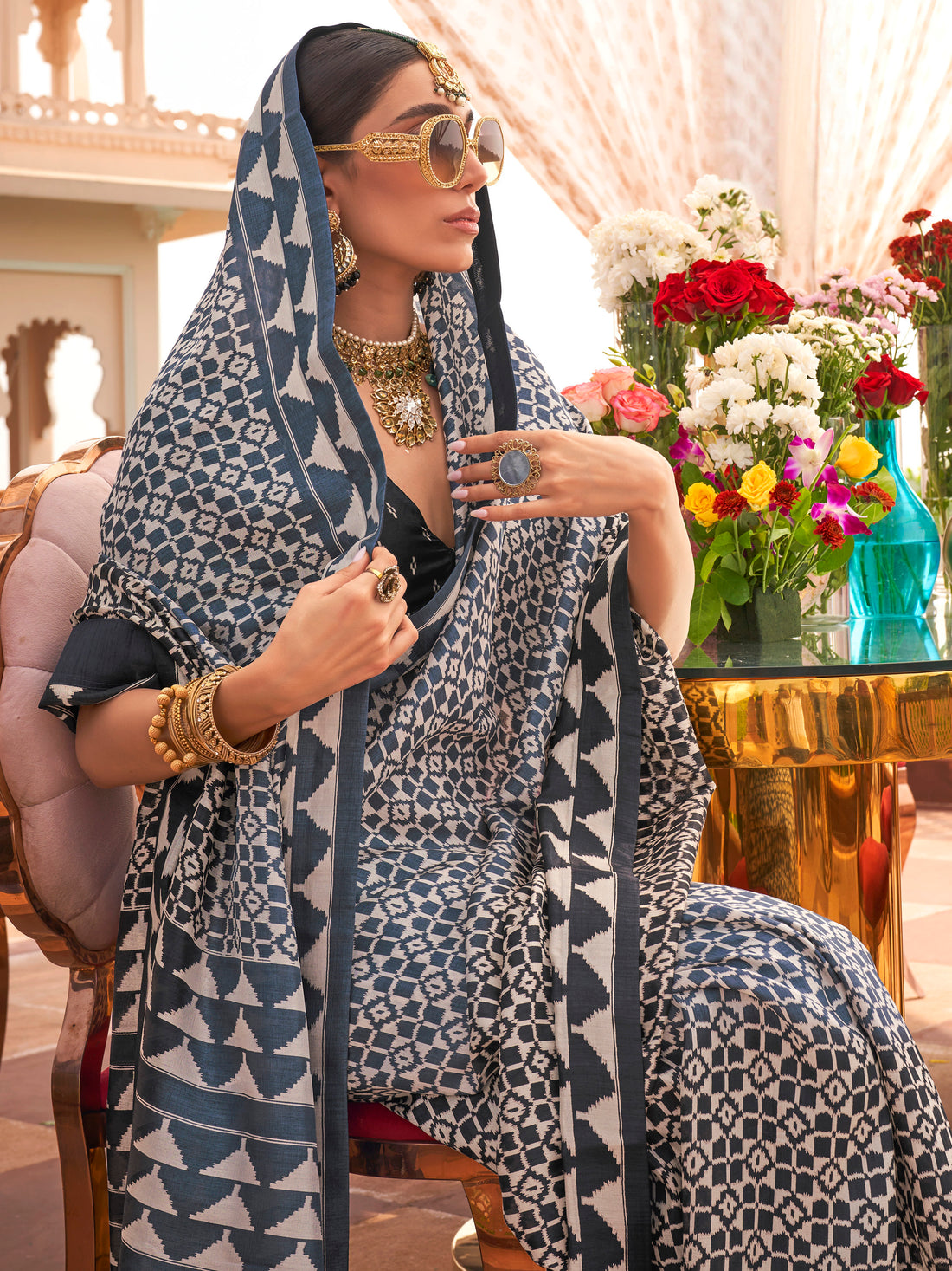 Beautiful Navy Blue Digital Printed Silk Festival Wear Saree With Blouse