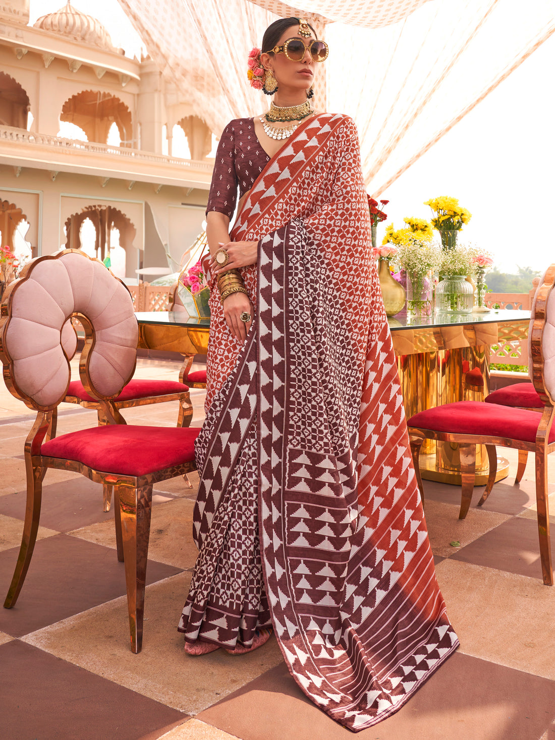 Enchanting Brown Digital Printed Silk Event Wear Saree With Blouse