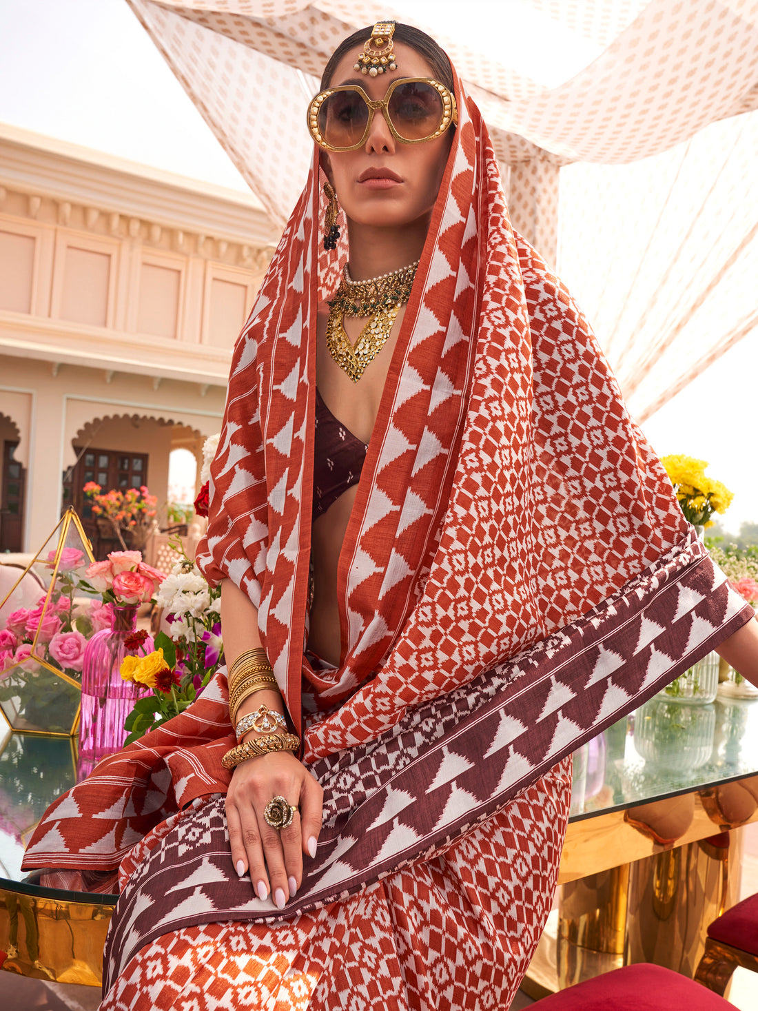 Enchanting Brown Digital Printed Silk Event Wear Saree With Blouse