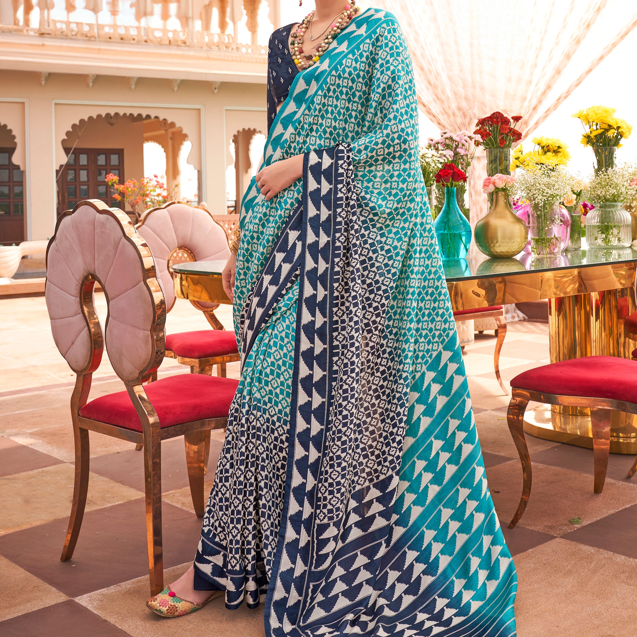 Captivating Sky-Blue Digital Printed Silk Traditional Saree With Blouse