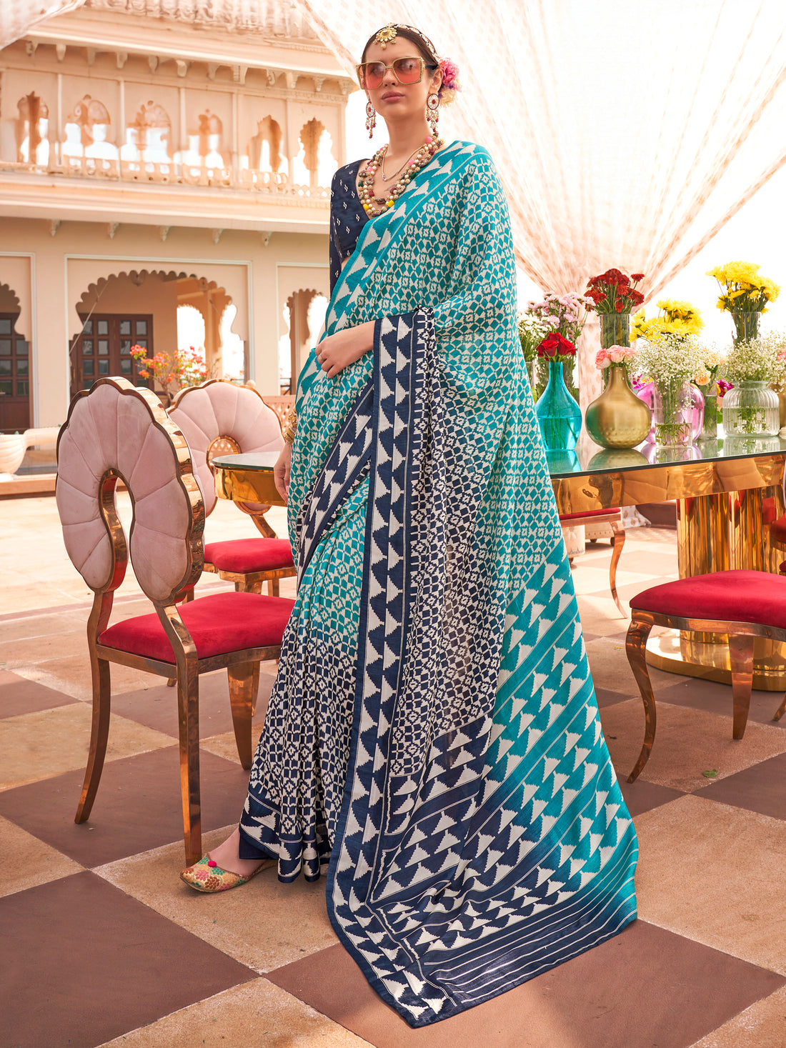 Captivating Sky-Blue Digital Printed Silk Traditional Saree With Blouse