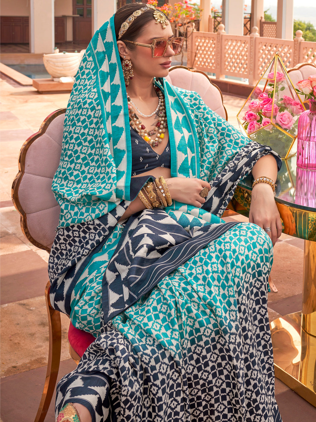 Captivating Sky-Blue Digital Printed Silk Traditional Saree With Blouse
