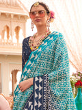 Captivating Sky-Blue Digital Printed Silk Traditional Saree With Blouse