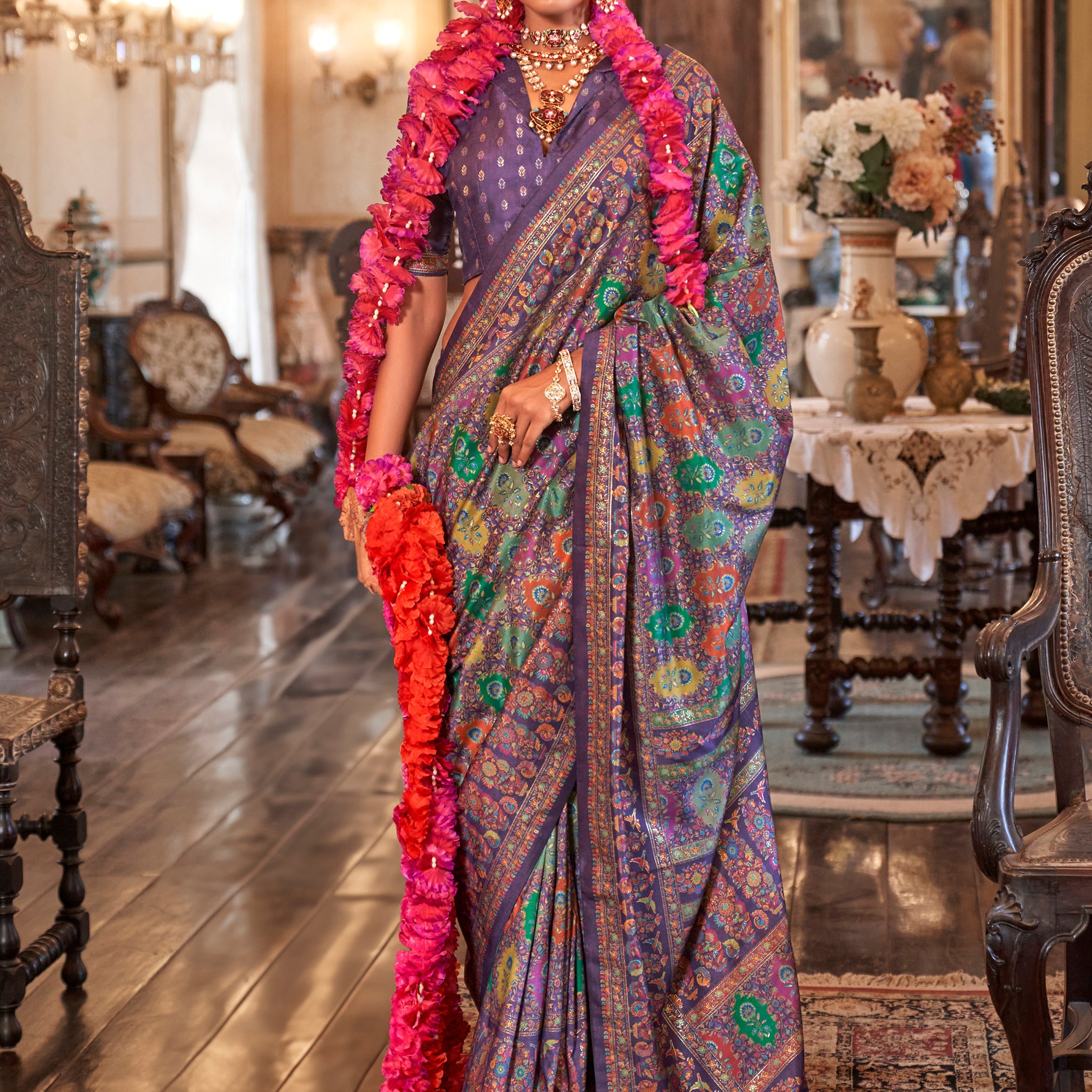 Marvelous Purple Foil Printed Silk Festive Wear Saree With Blouse