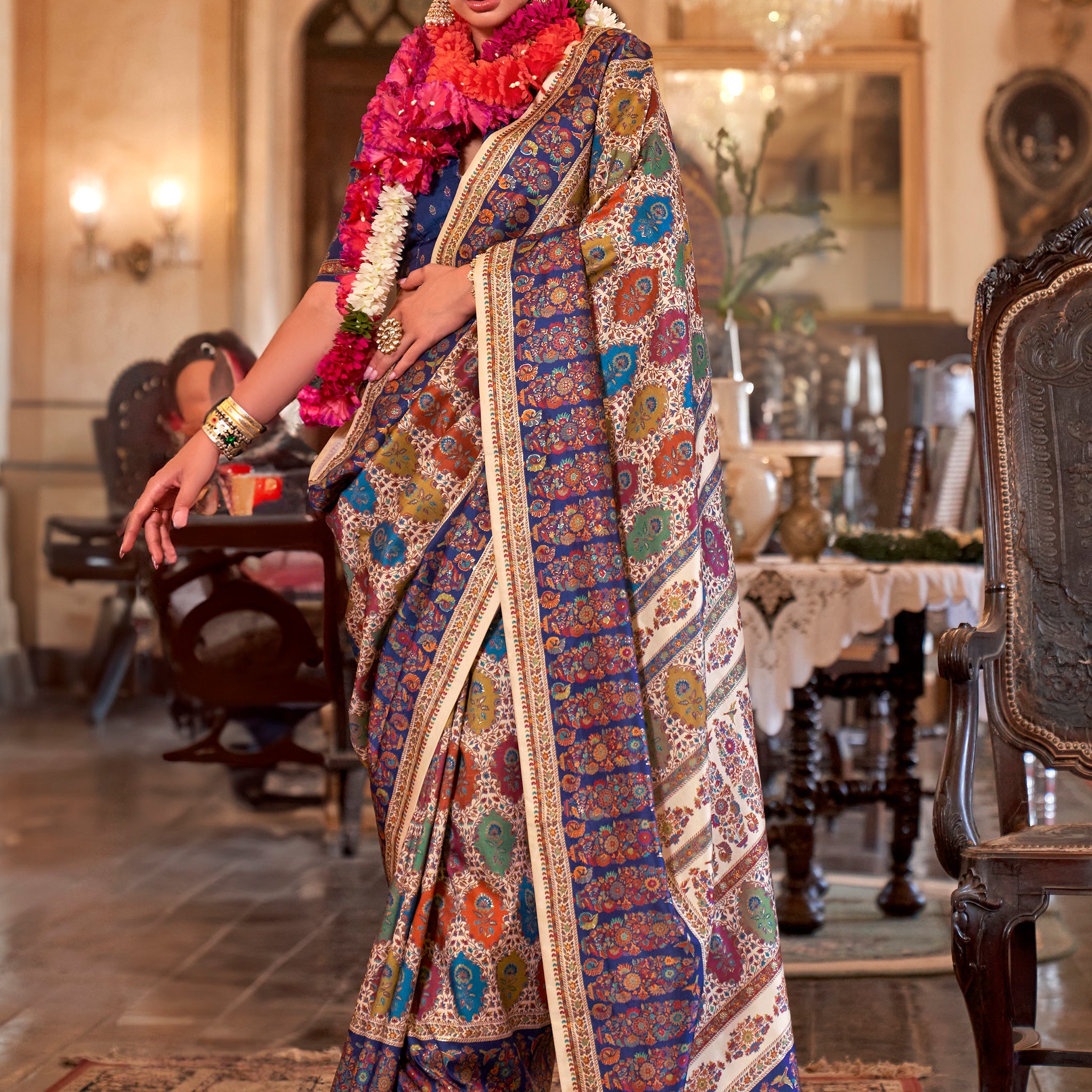 Enchanting Cream Foil Printed Silk Casual Wear Saree With Blouse