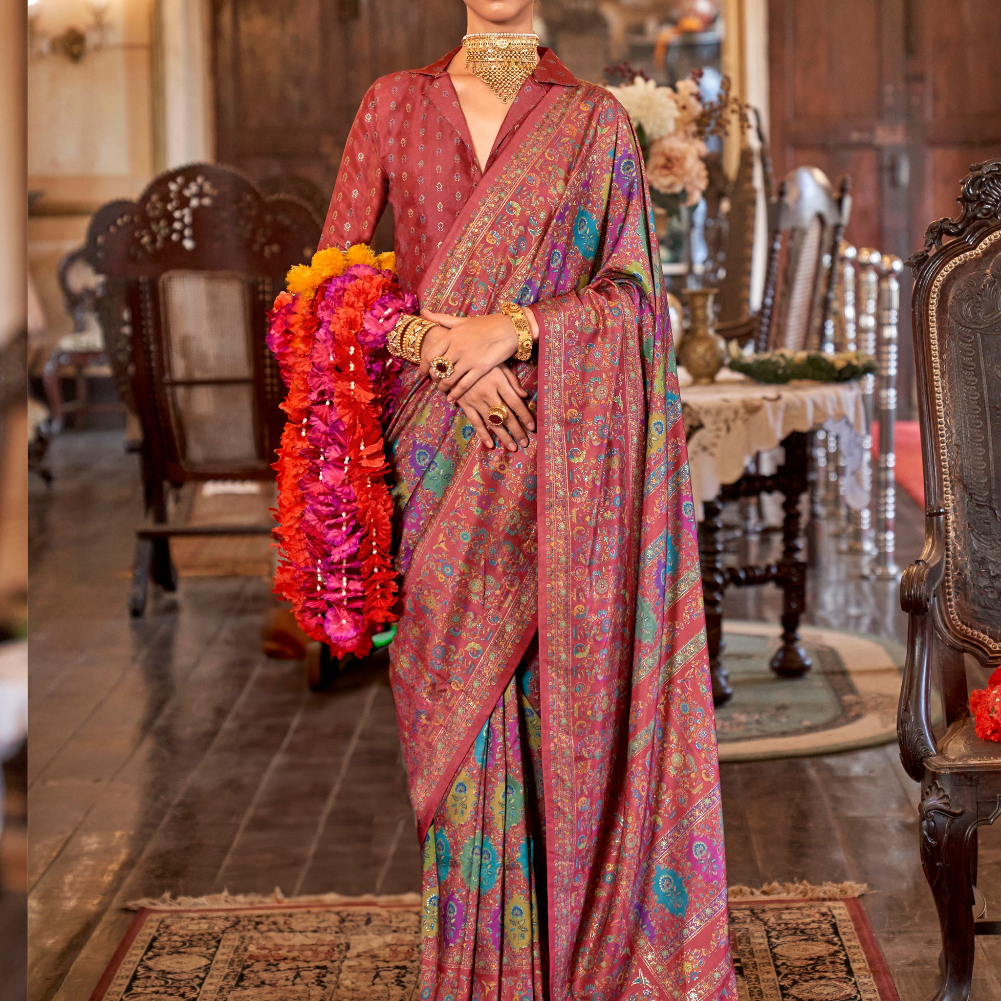 Dazzling Maroon Foil Printed Silk Event Wear Saree With Blouse