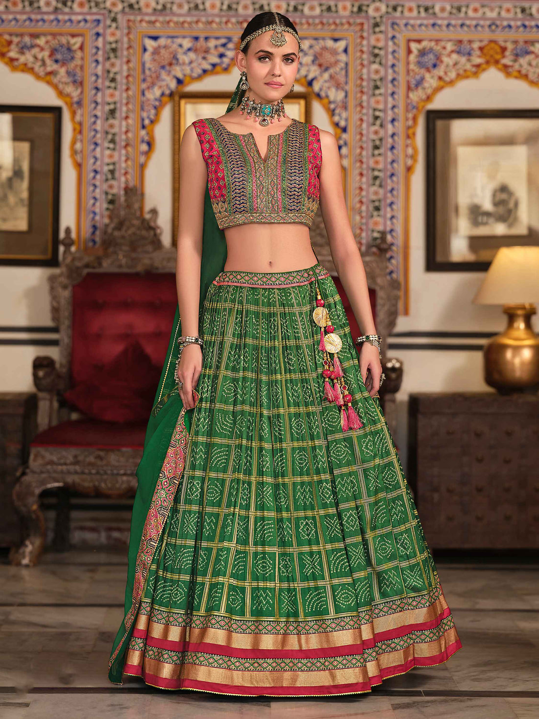 Shocking Green Foil Print Silk Mehendi Wear Lehenga Choli With Dupatta
