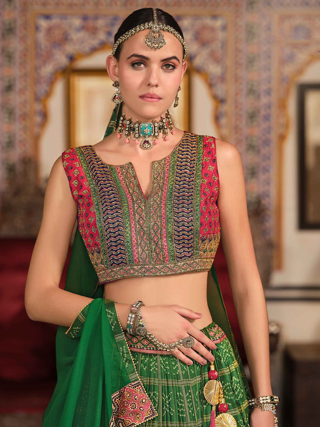 Shocking Green Foil Print Silk Mehendi Wear Lehenga Choli With Dupatta