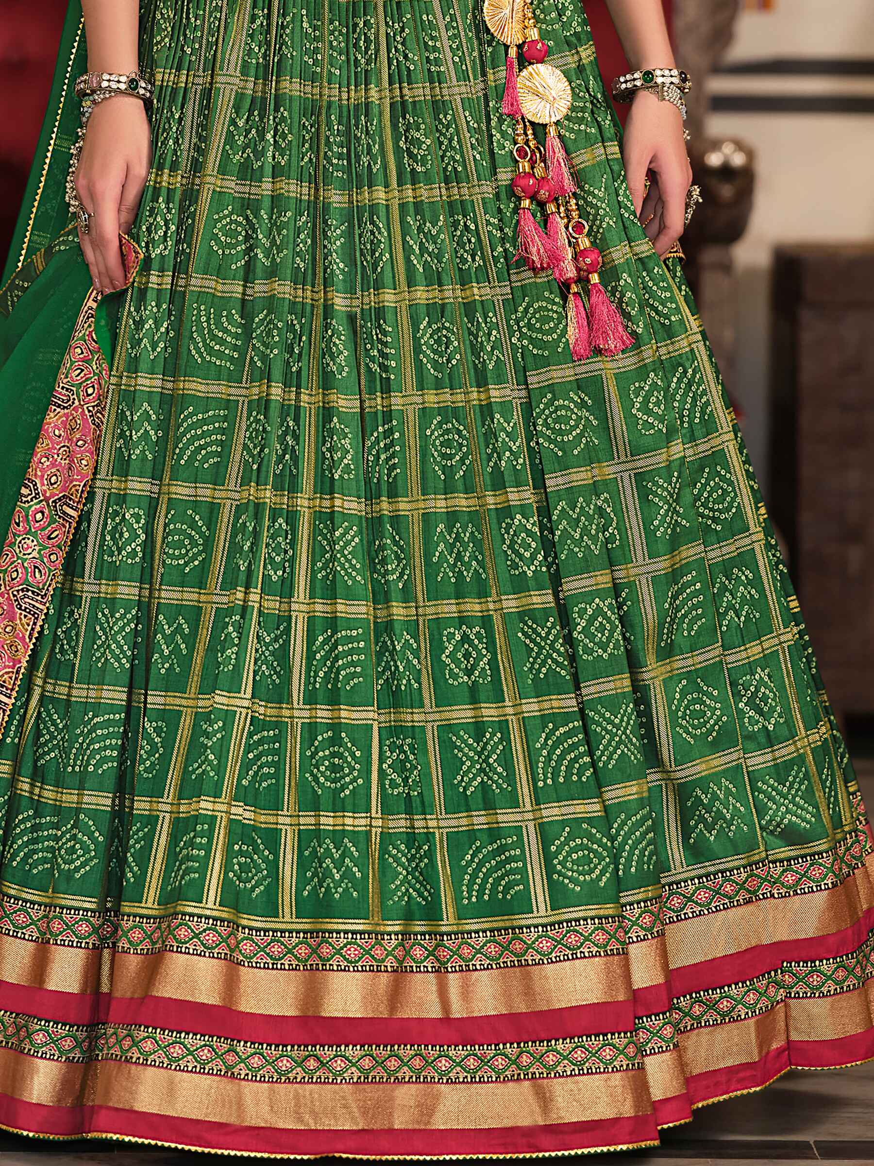 Shocking Green Foil Print Silk Mehendi Wear Lehenga Choli With Dupatta