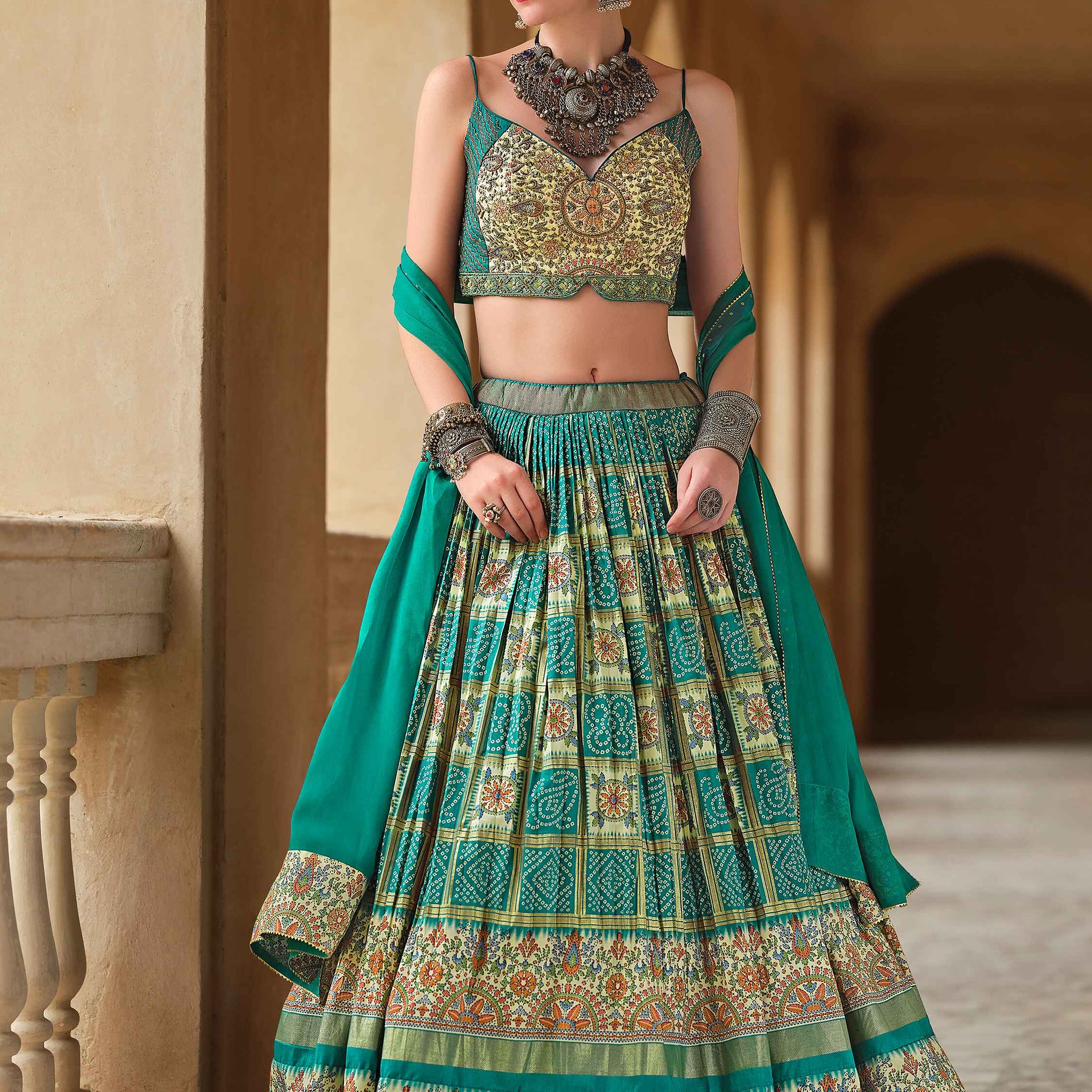 Stunning Green Bandhani Print Silk Reception Wear Lehenga Choli