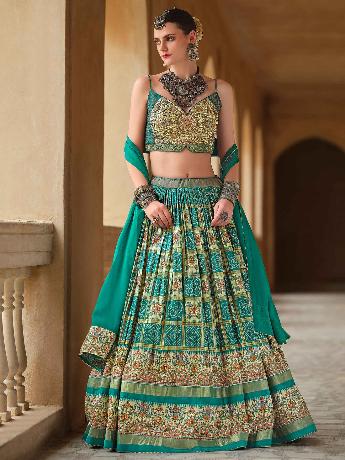 Stunning Green Bandhani Print Silk Reception Wear Lehenga Choli
