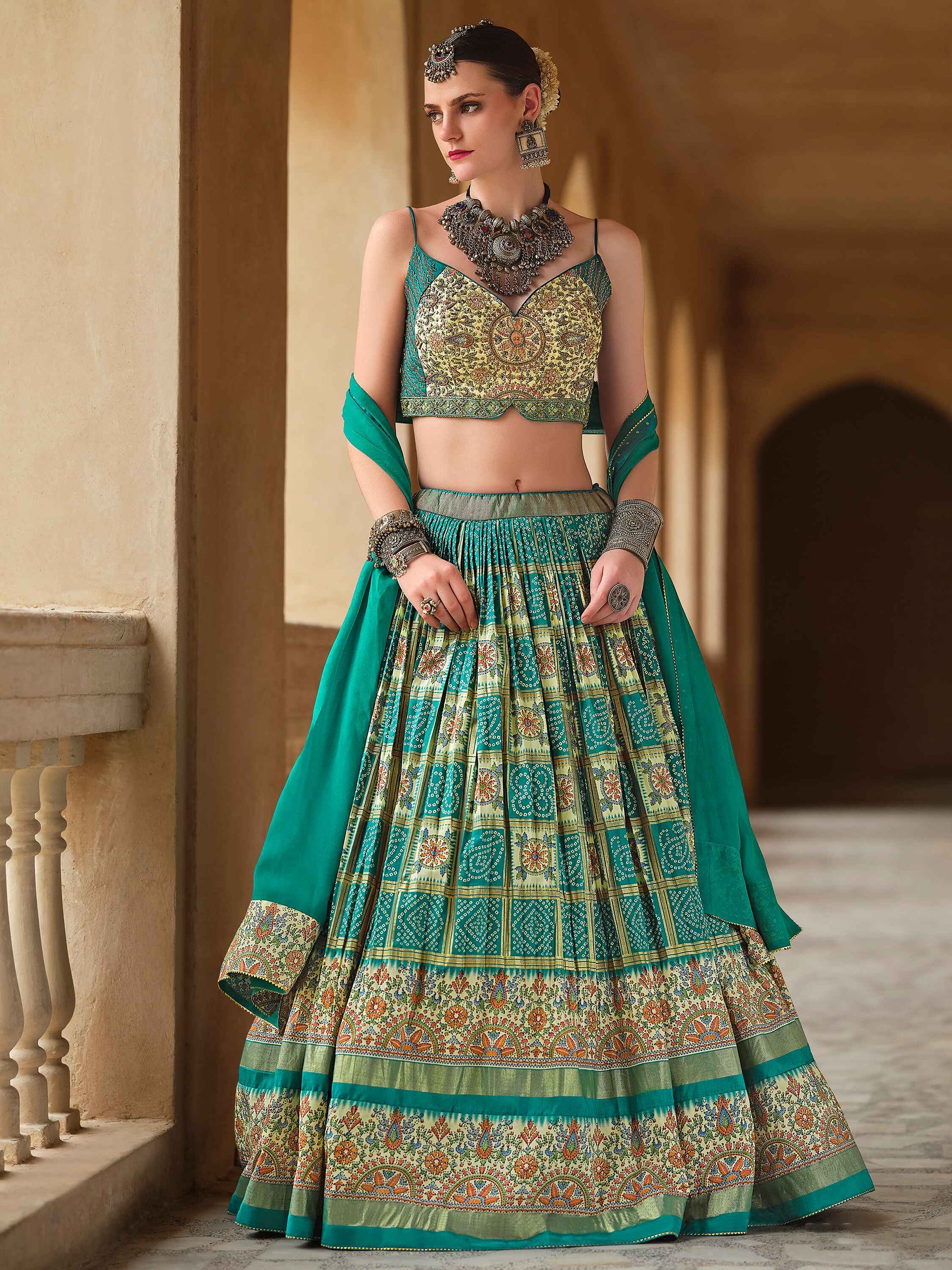 Stunning Green Bandhani Print Silk Reception Wear Lehenga Choli