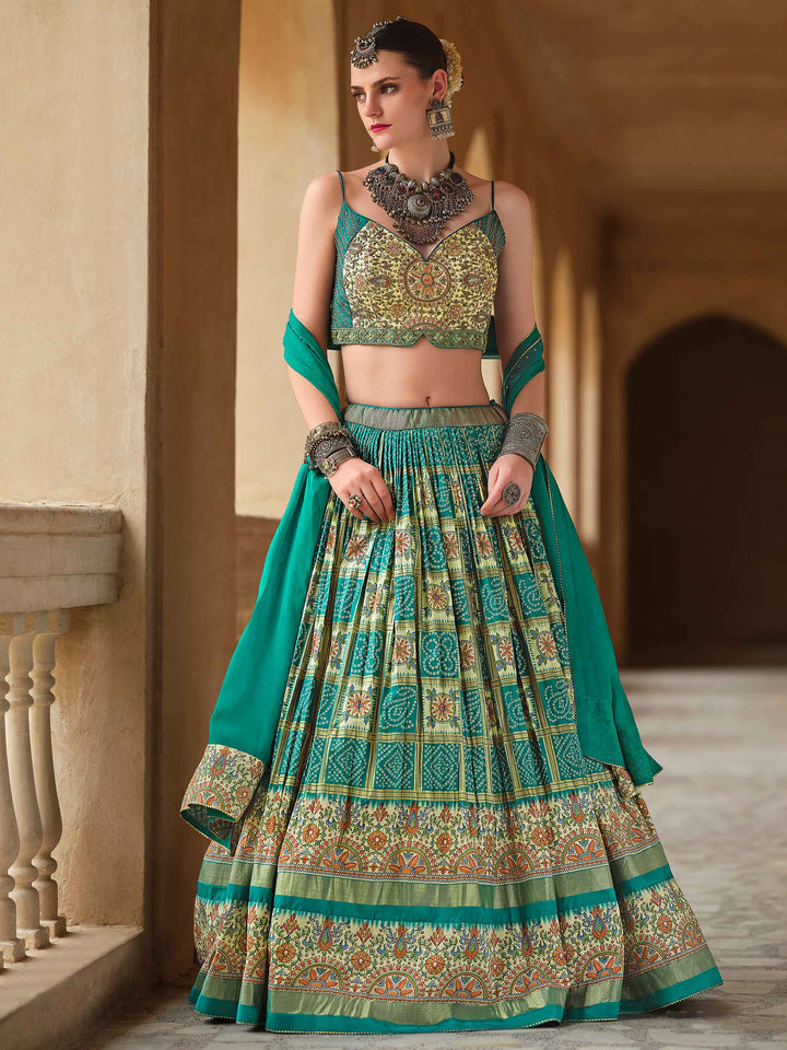 Stunning Green Bandhani Print Silk Reception Wear Lehenga Choli