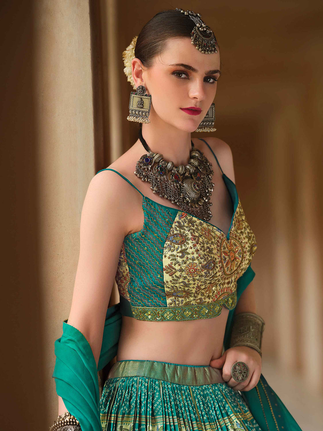 Stunning Green Bandhani Print Silk Reception Wear Lehenga Choli