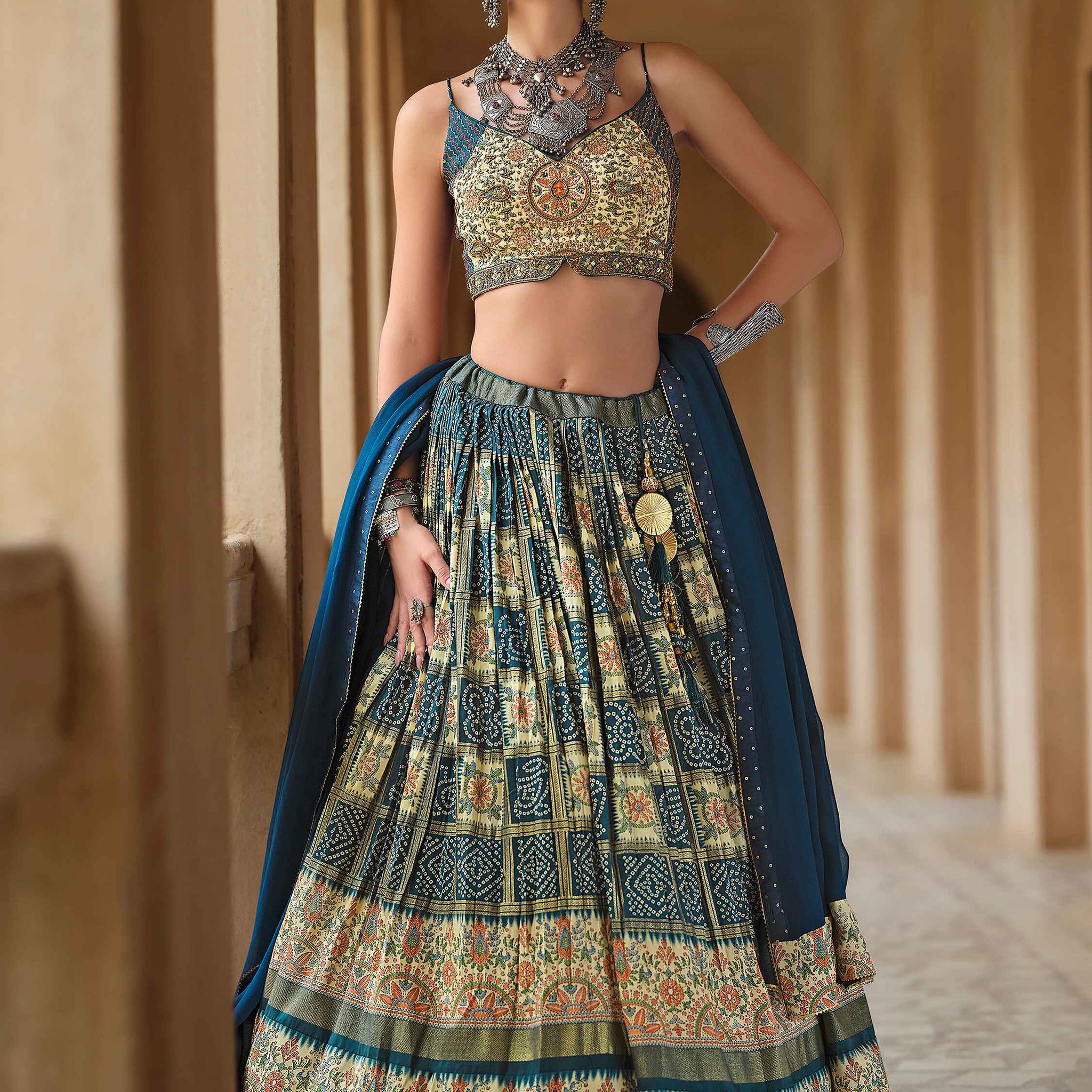 Pretty Navy Blue Bandhani Print Silk Wedding Wear Lehenga Choli