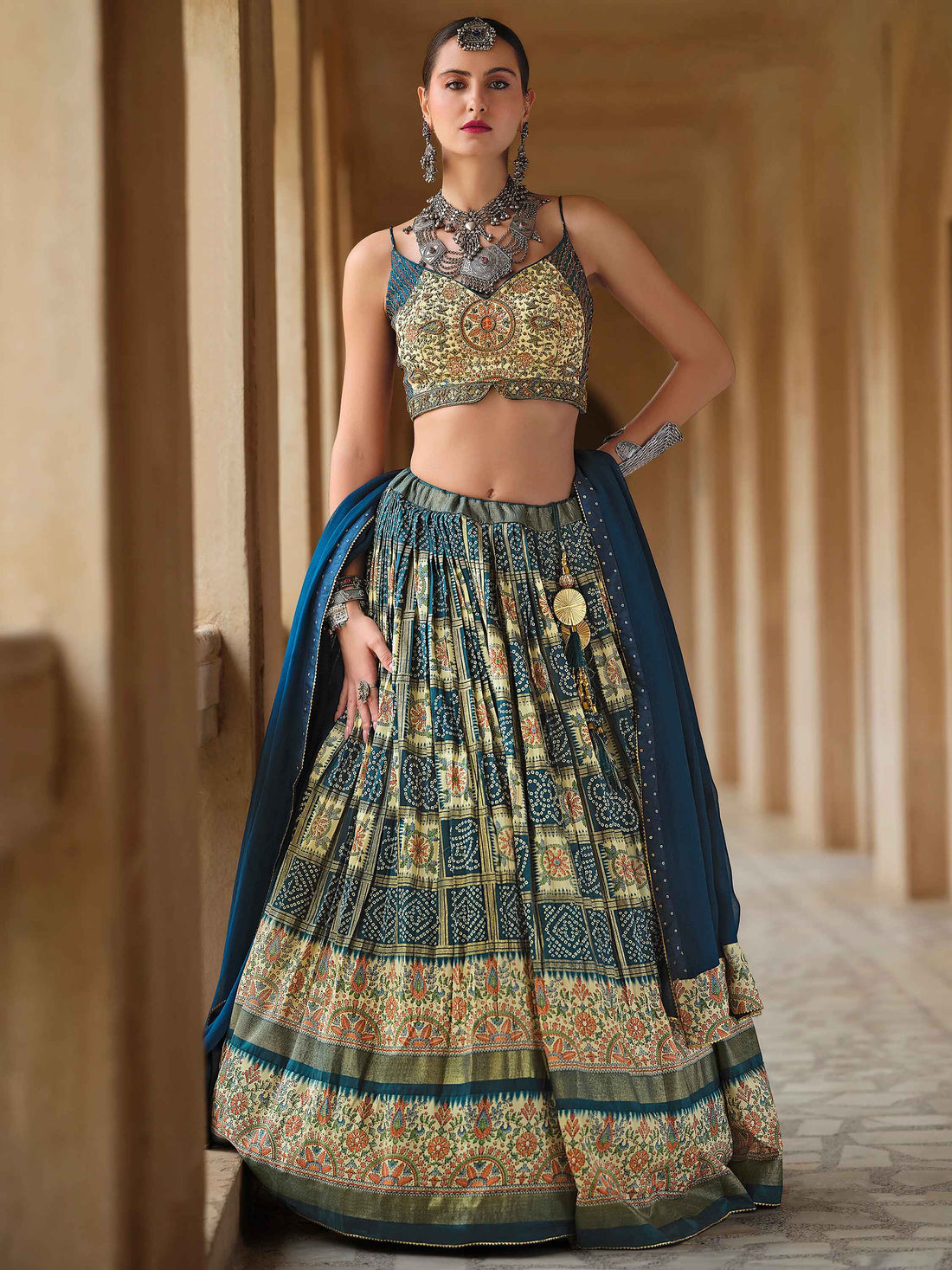 Pretty Navy Blue Bandhani Print Silk Wedding Wear Lehenga Choli