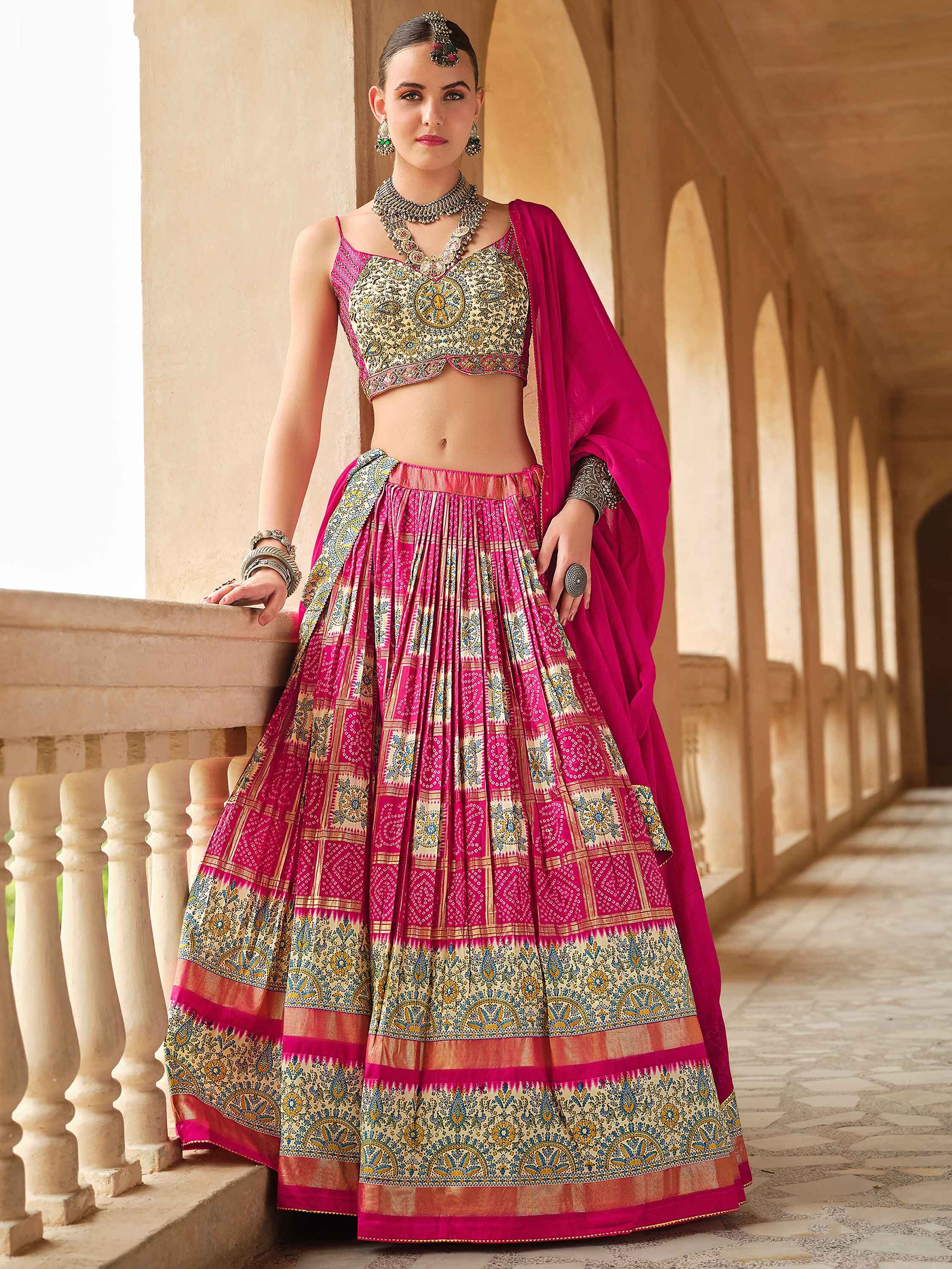 Delightful Pink Bandhani Print Silk Wedding Wear Lehenga Choli