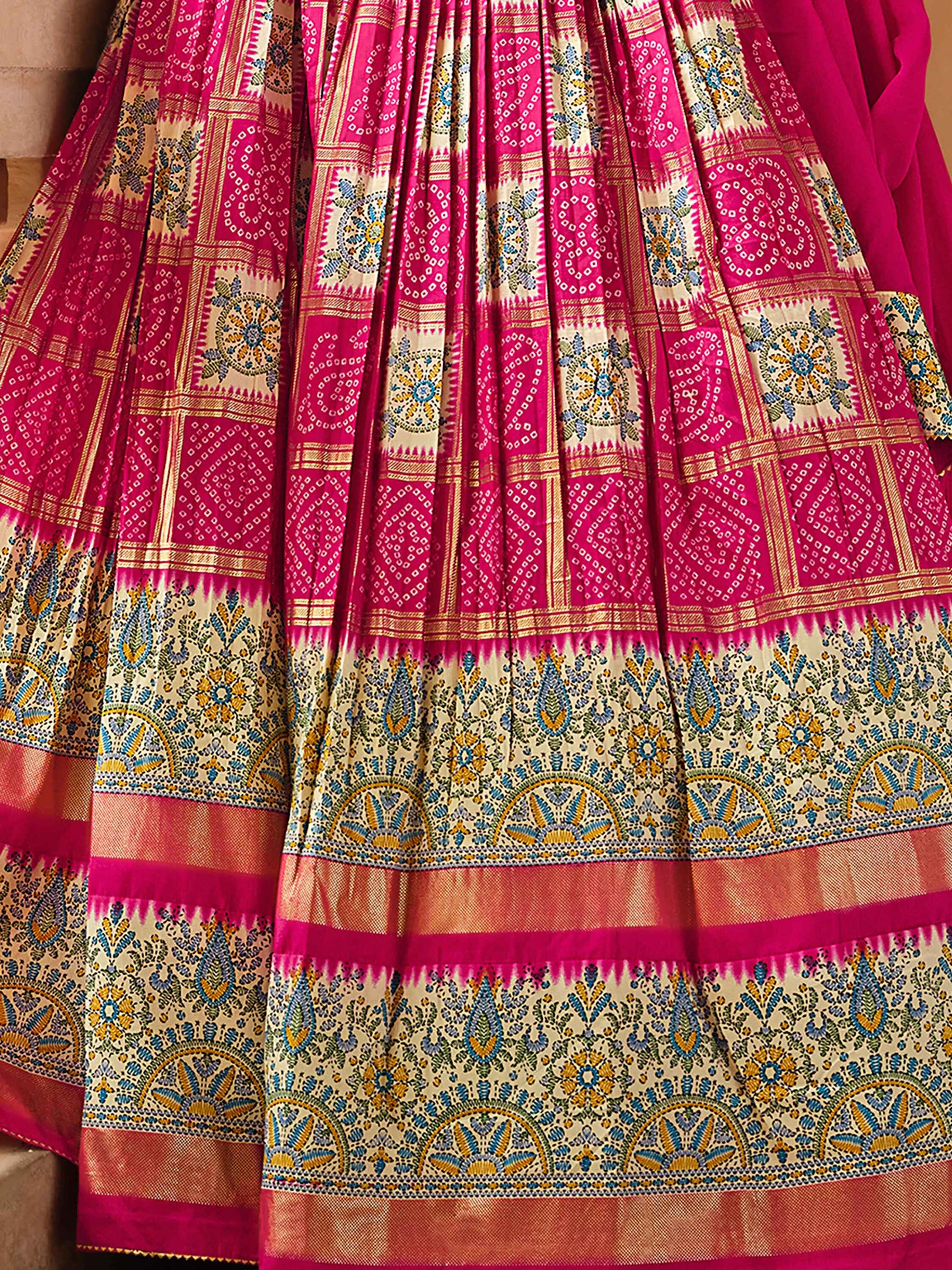 Delightful Pink Bandhani Print Silk Wedding Wear Lehenga Choli