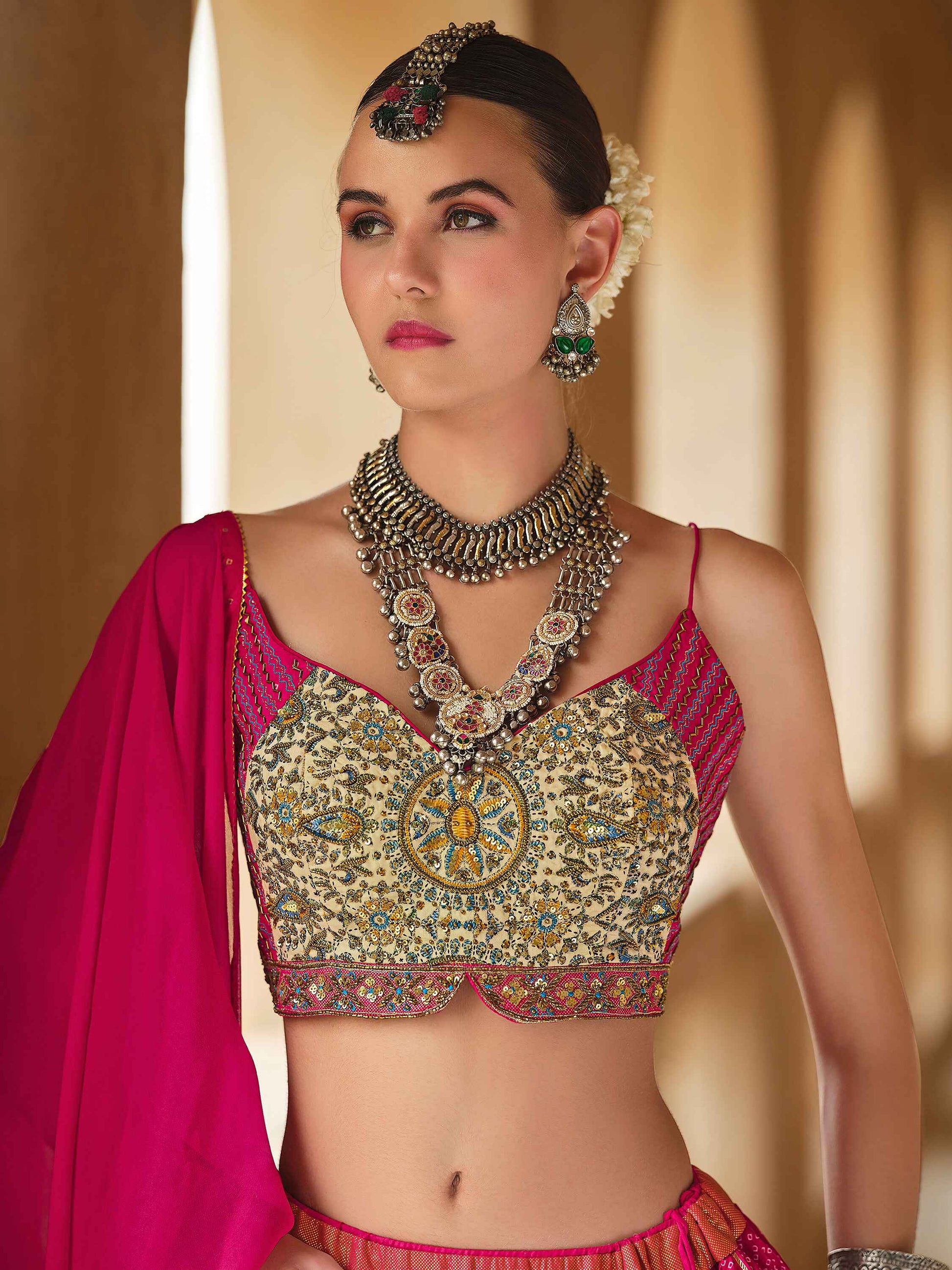 Delightful Pink Bandhani Print Silk Wedding Wear Lehenga Choli