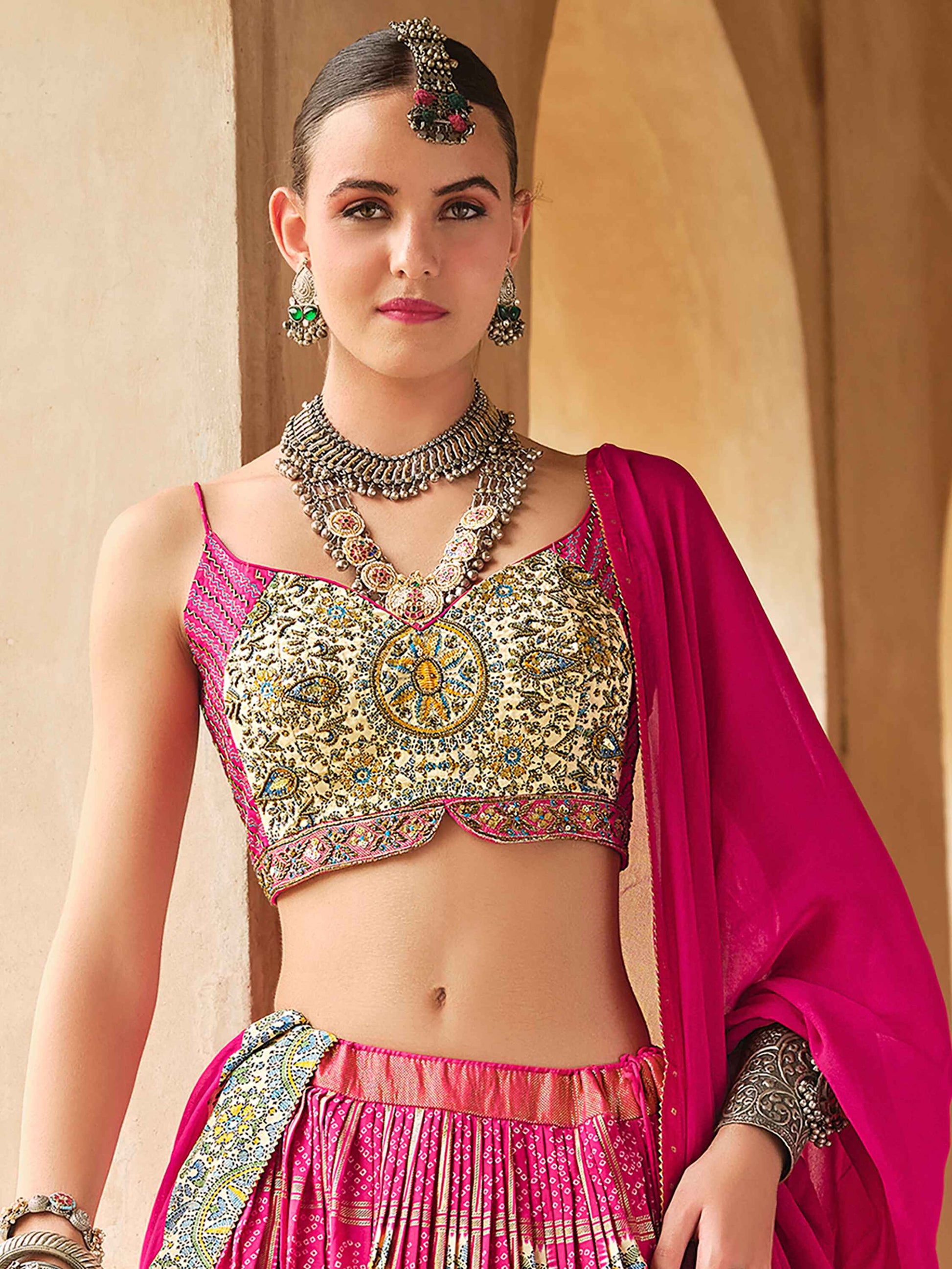 Delightful Pink Bandhani Print Silk Wedding Wear Lehenga Choli