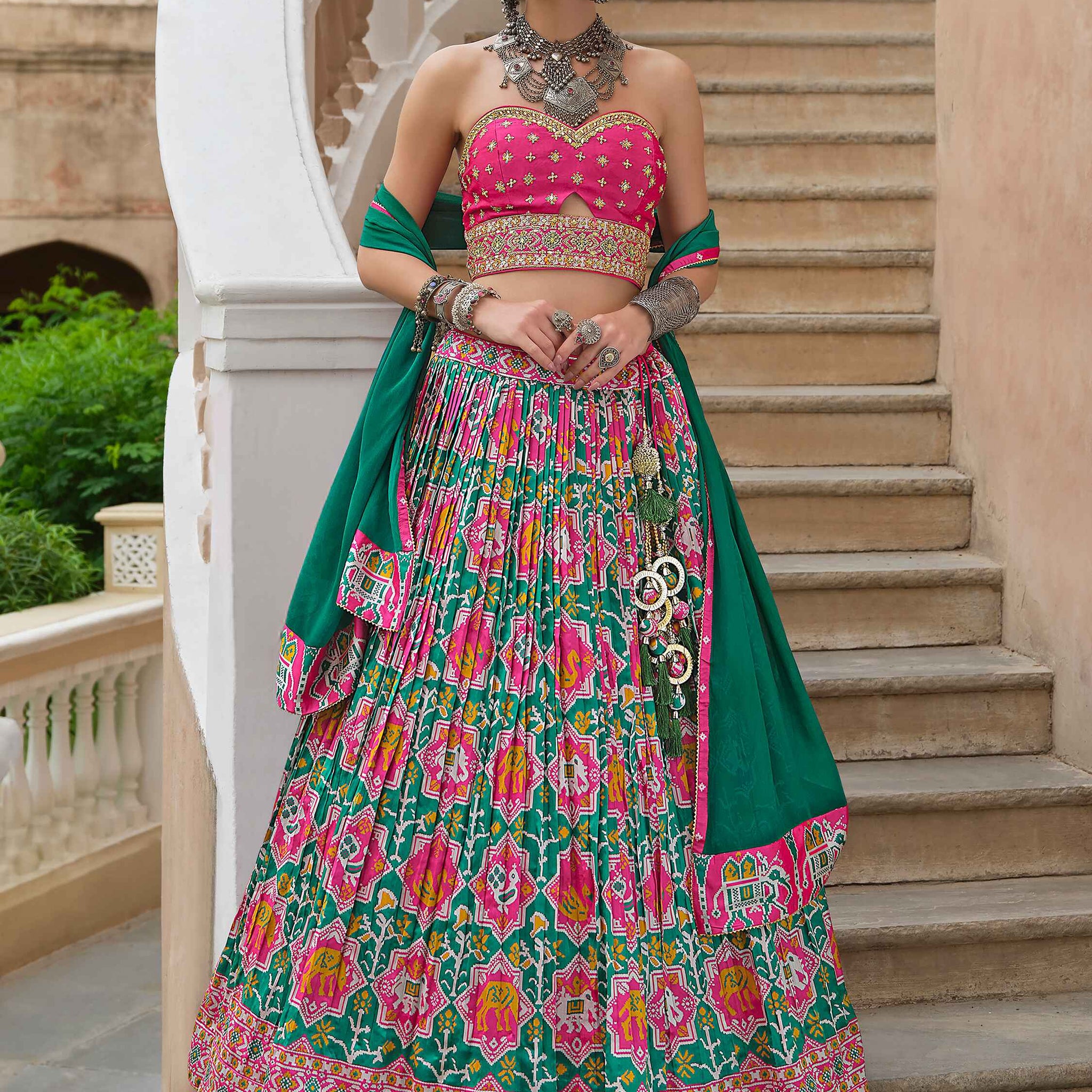 Alluring Green Bandhani Print Silk Reception Wear Lehenga Choli