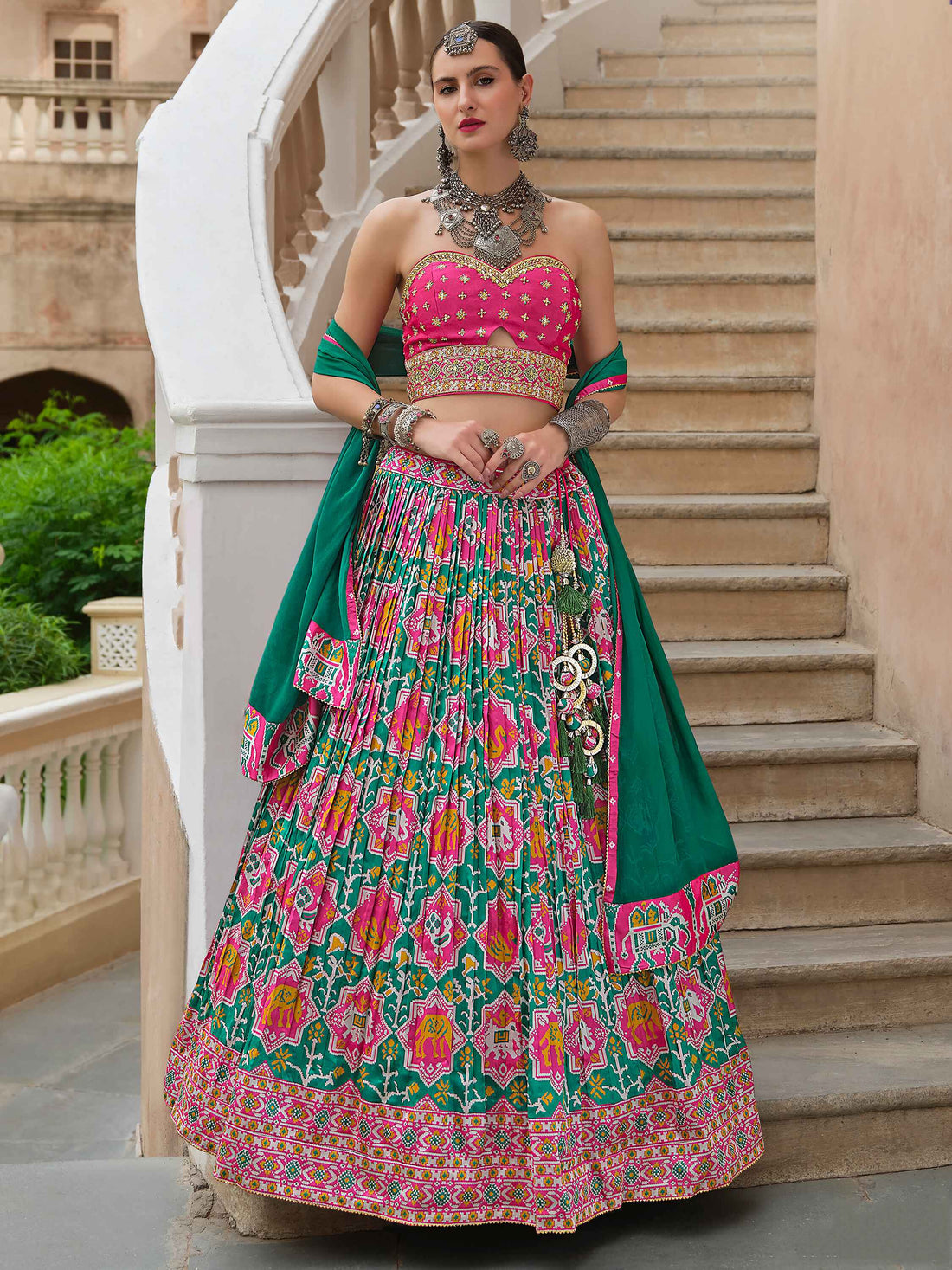 Alluring Green Bandhani Print Silk Reception Wear Lehenga Choli
