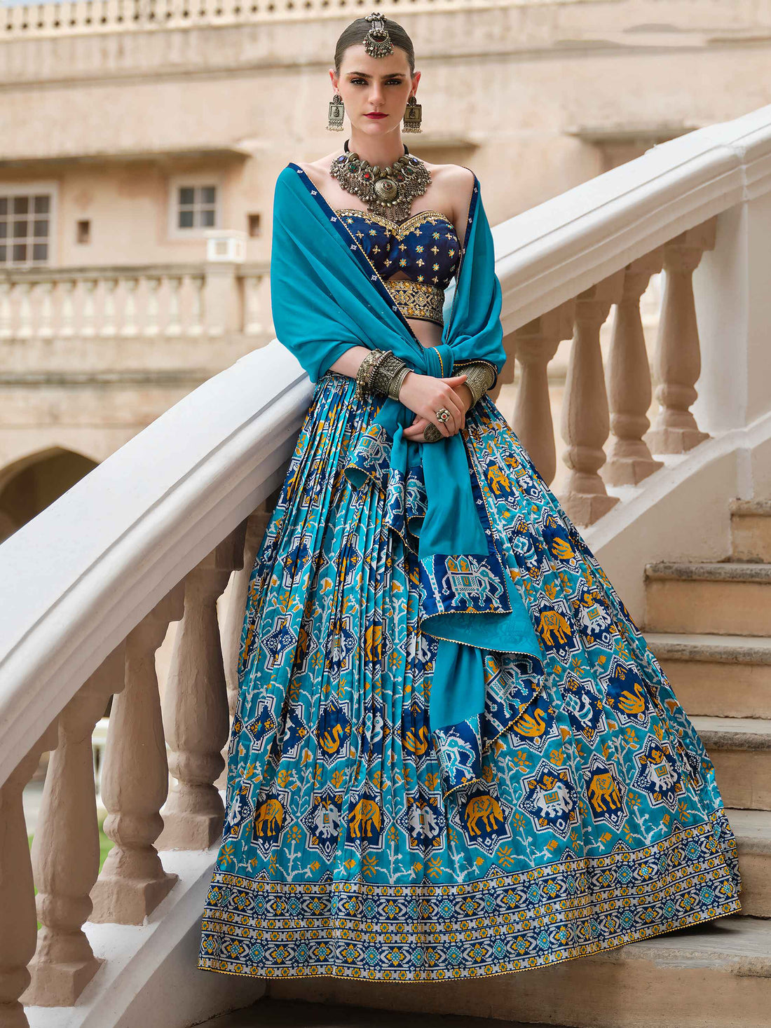 Glamorous Blue Bandhani Print Silk Wedding Wear Lehenga Choli
