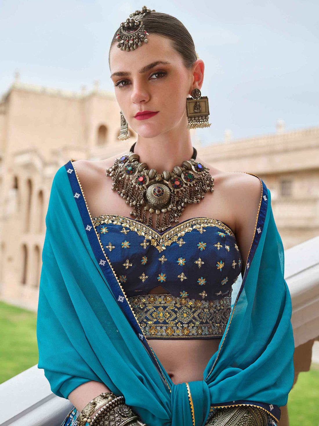 Glamorous Blue Bandhani Print Silk Wedding Wear Lehenga Choli