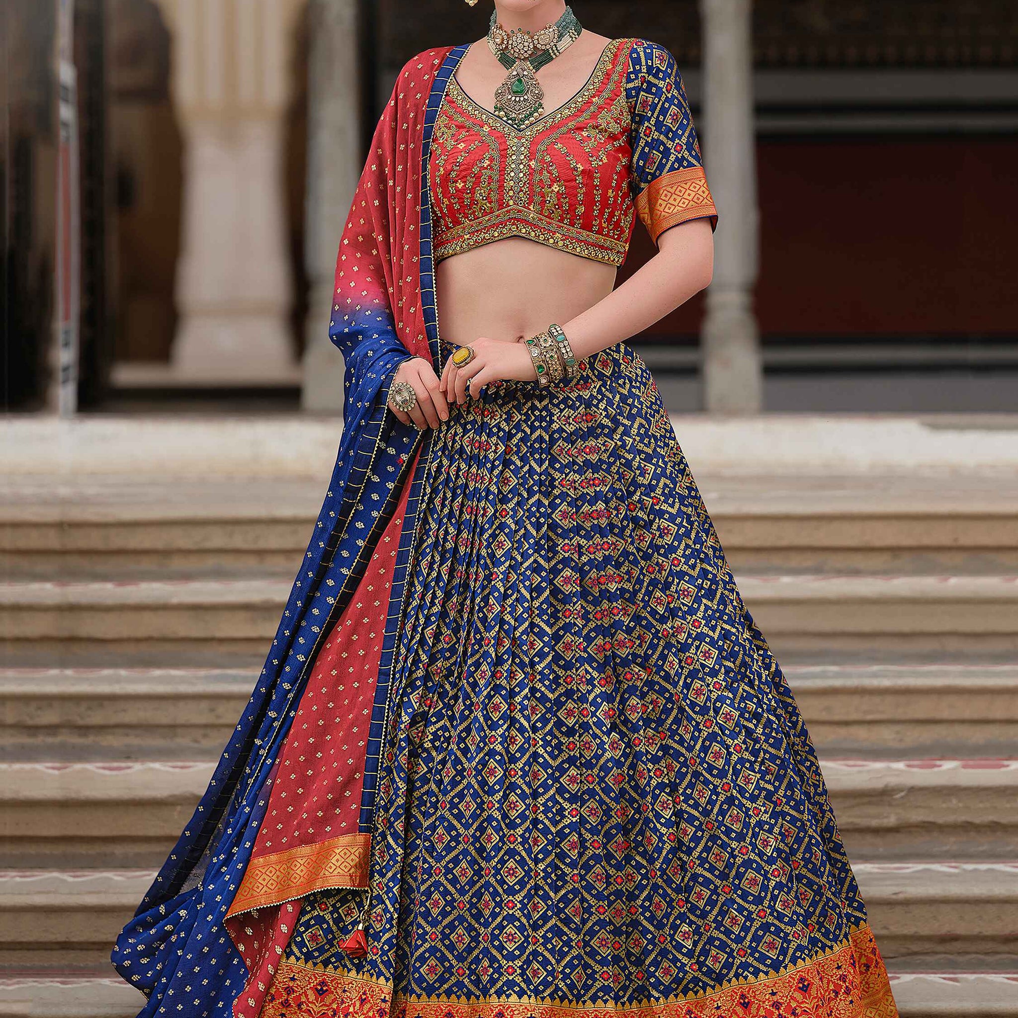 Stunning Navy Blue Bandhani Print Silk Designer Lehenga Choli