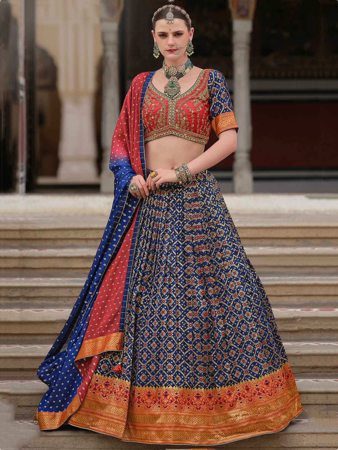 Stunning Navy Blue Bandhani Print Silk Designer Lehenga Choli