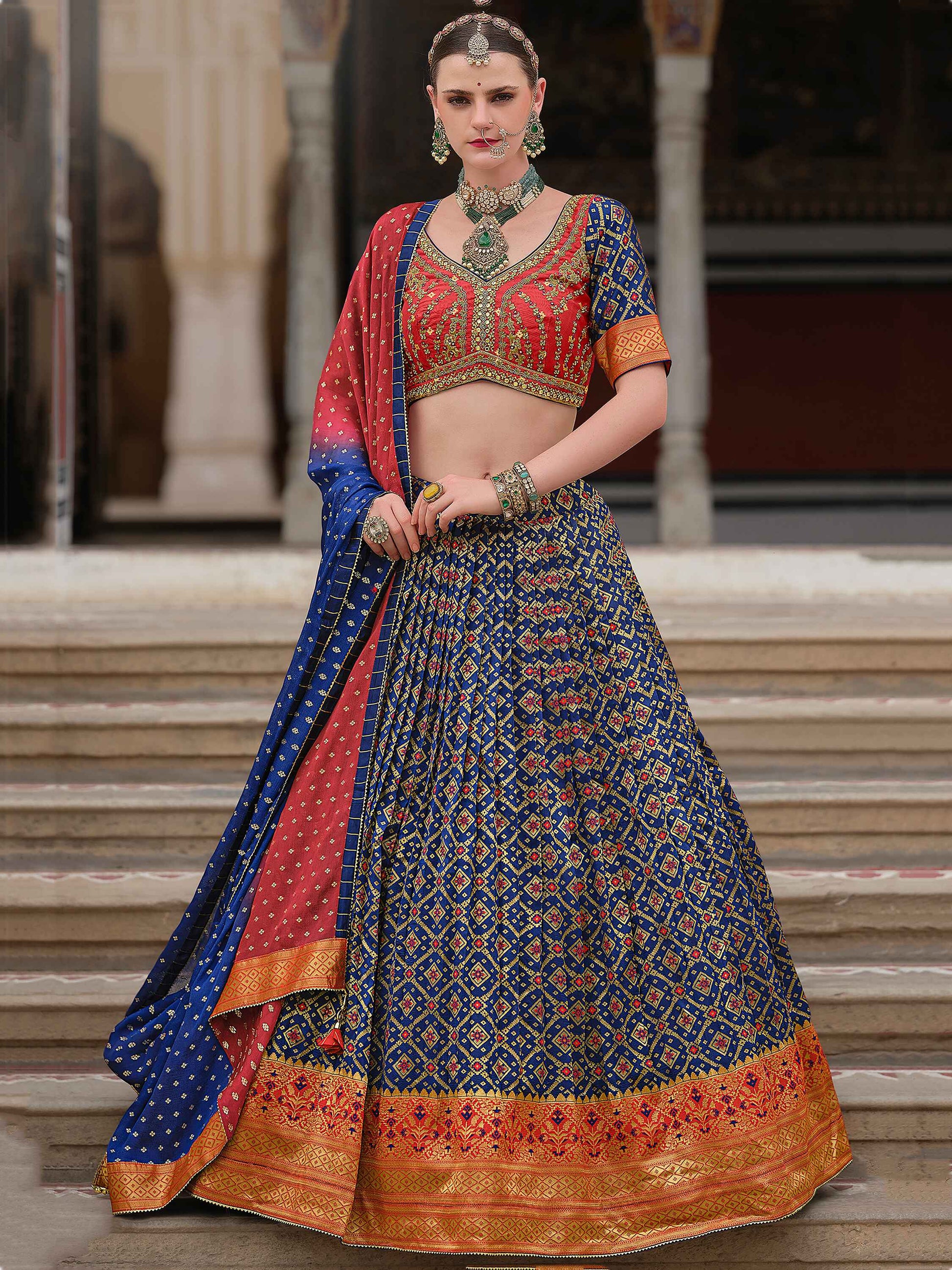 Stunning Navy Blue Bandhani Print Silk Designer Lehenga Choli