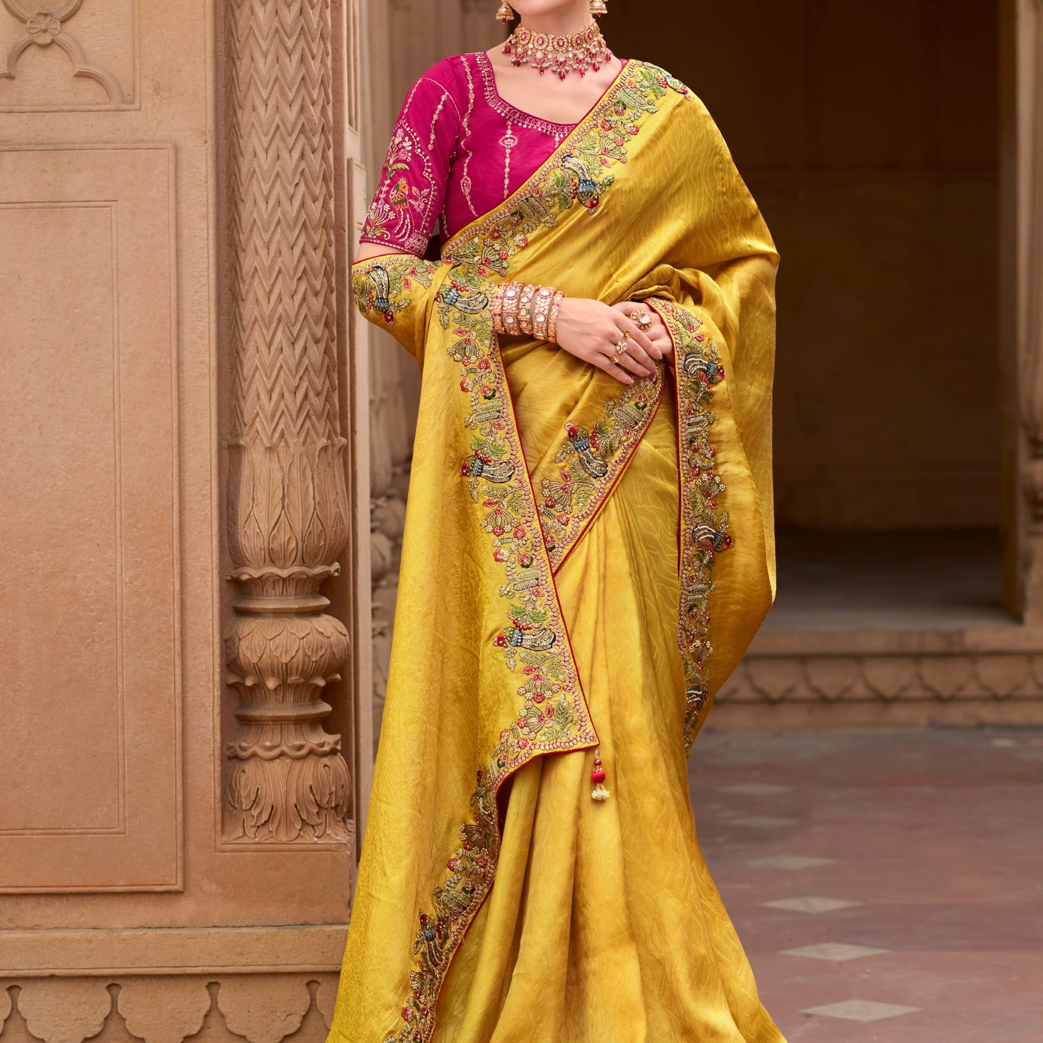 Wonderful Yellow Sequins Silk Haldi Wear Saree With Blouse