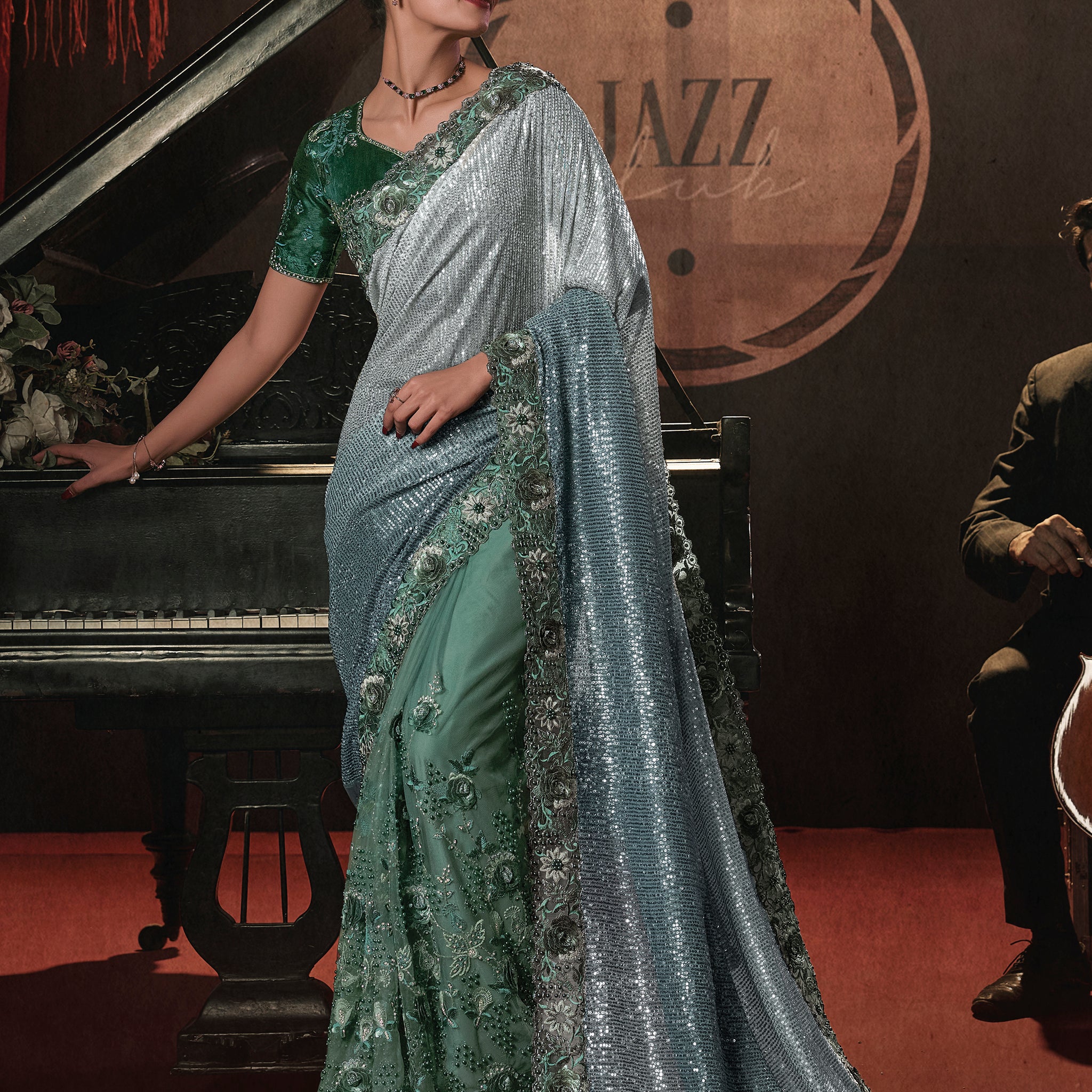 Amazing Green Sequins Net Party Wear Saree With Blouse