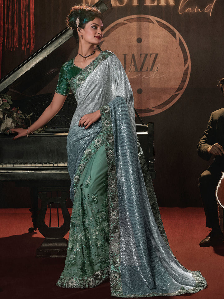 Amazing Green Sequins Net Party Wear Saree With Blouse