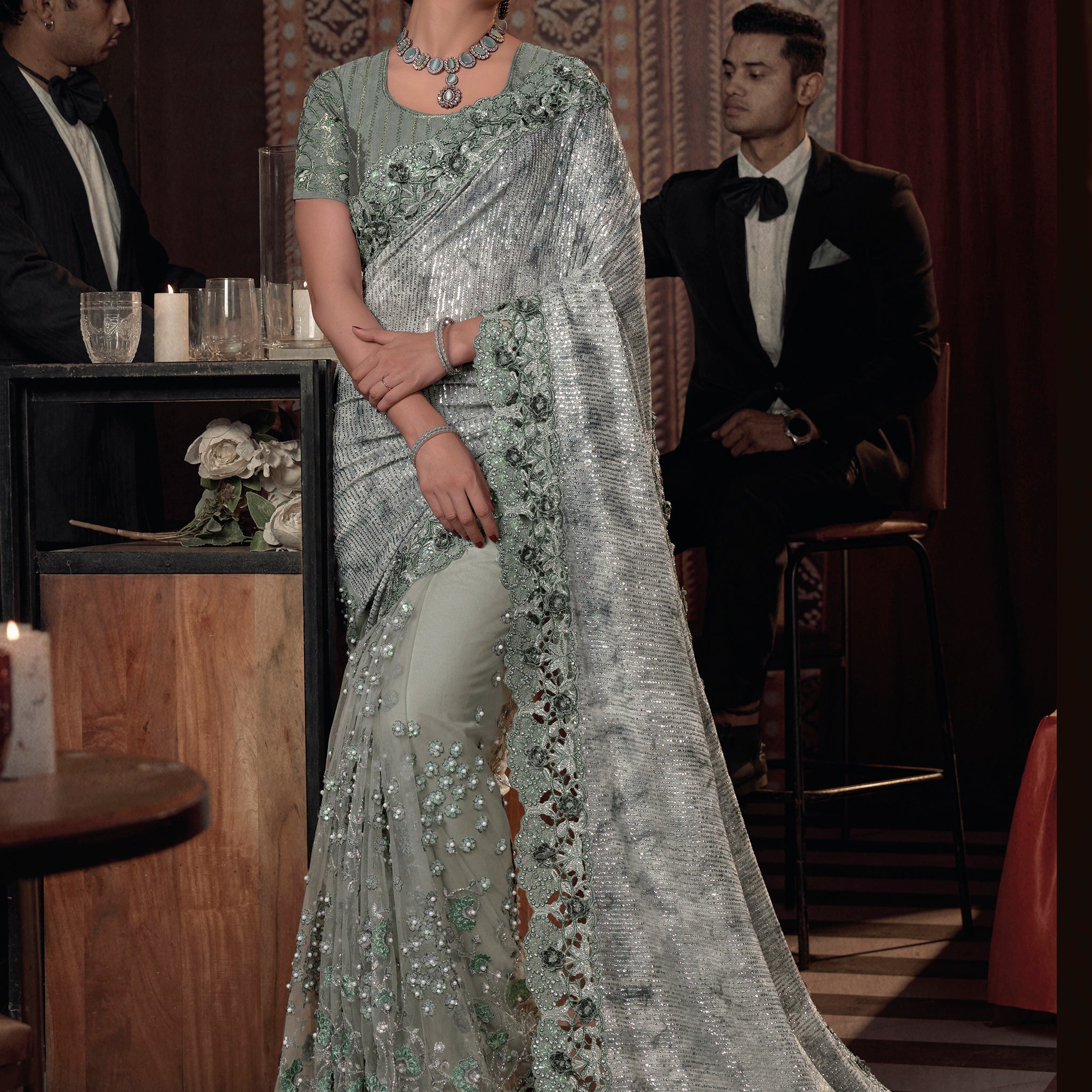 Special Pista Green Sequins Net Designer Saree With Blouse