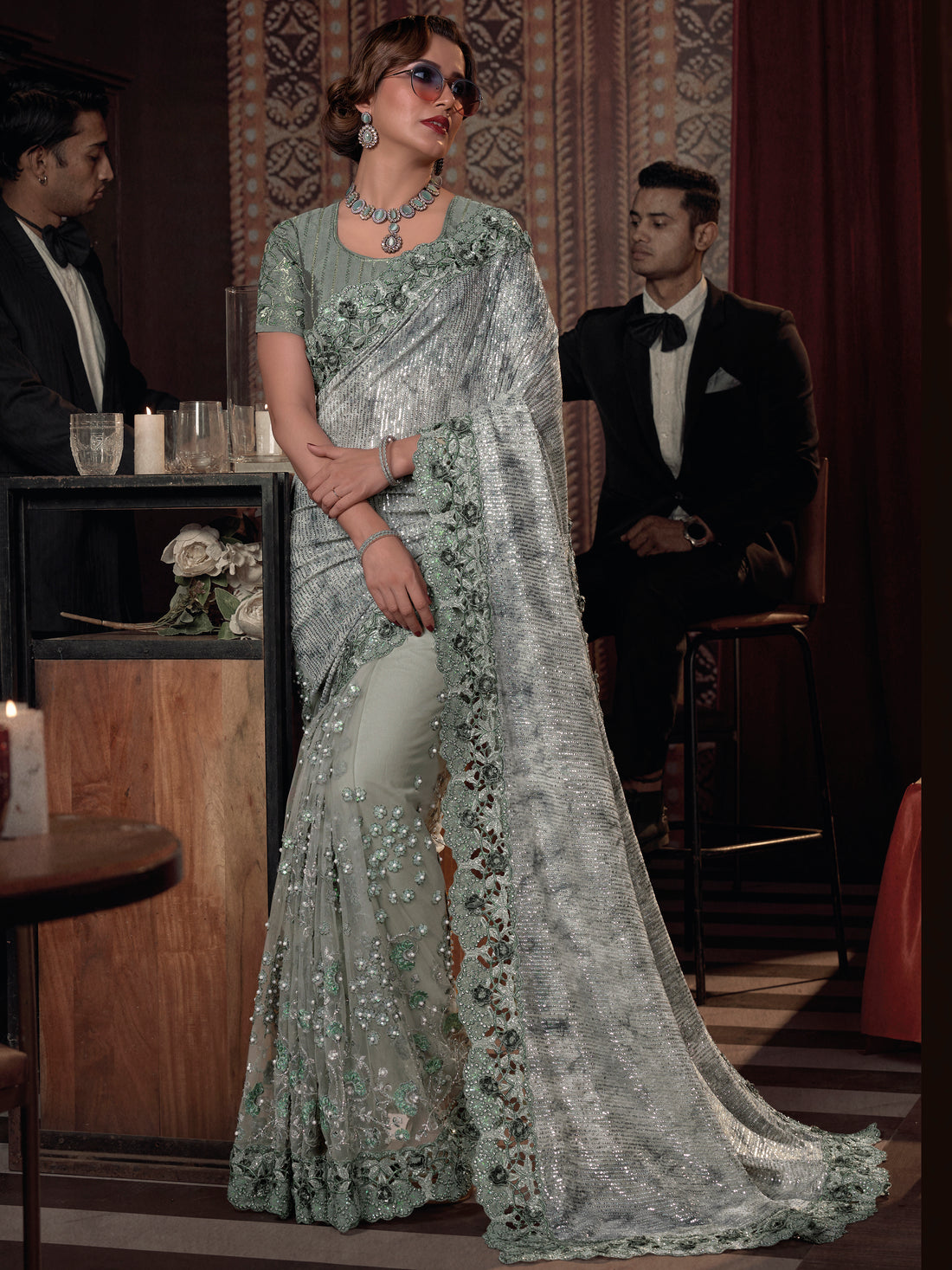Special Pista Green Sequins Net Designer Saree With Blouse