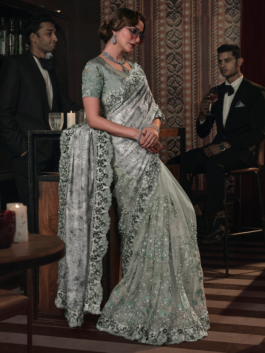 Special Pista Green Sequins Net Designer Saree With Blouse